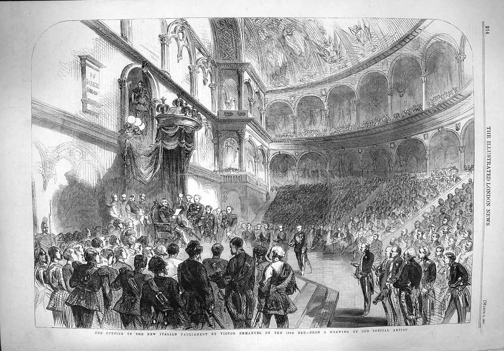 Original Old Antique Print 1861 Italian Parliament Victor Emmanuel Ult Siers