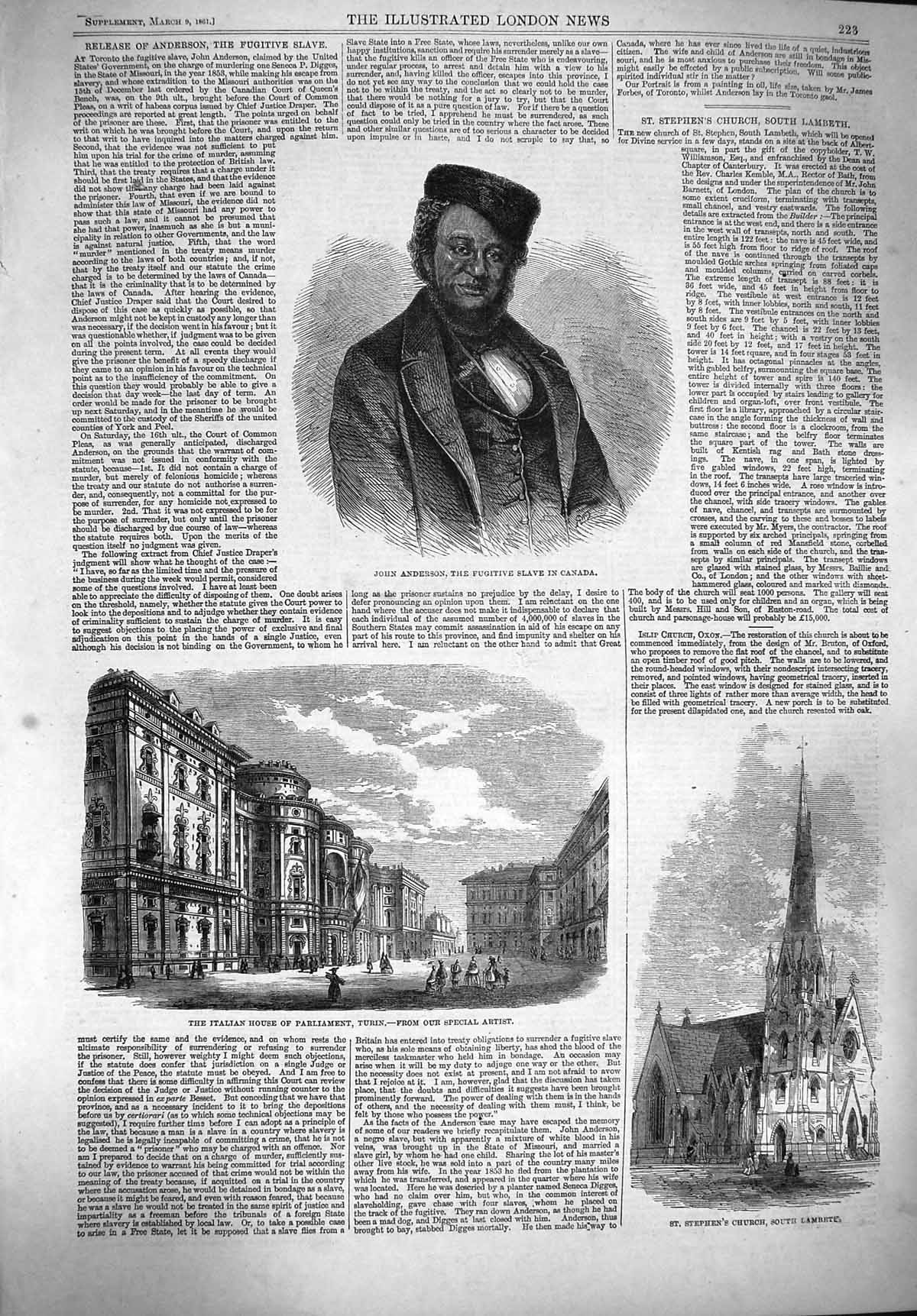 Original Old Antique Print 1861 Anderson Slave Canada Italian Parliament Turin