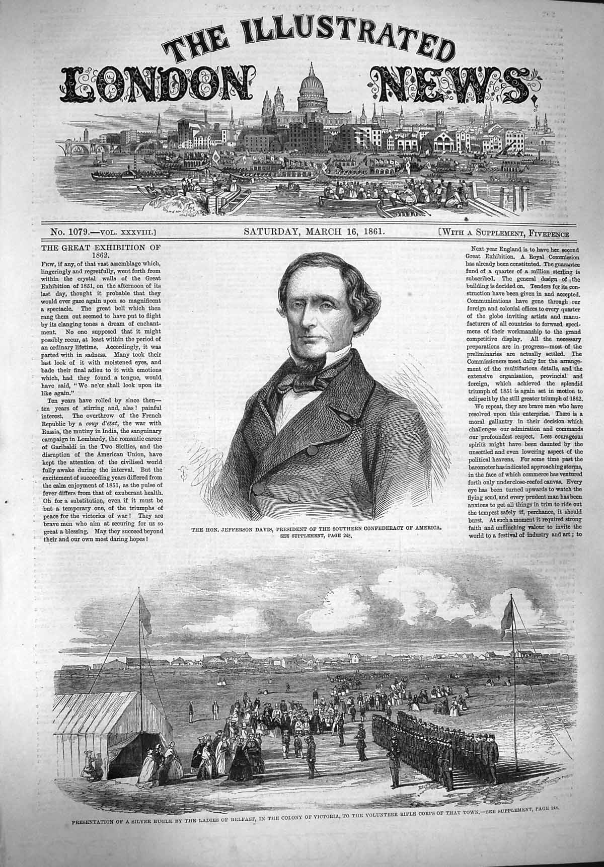 Old Antique Print 1861 Jefferson Davis America Silver Bugle Lady Belfast 19th