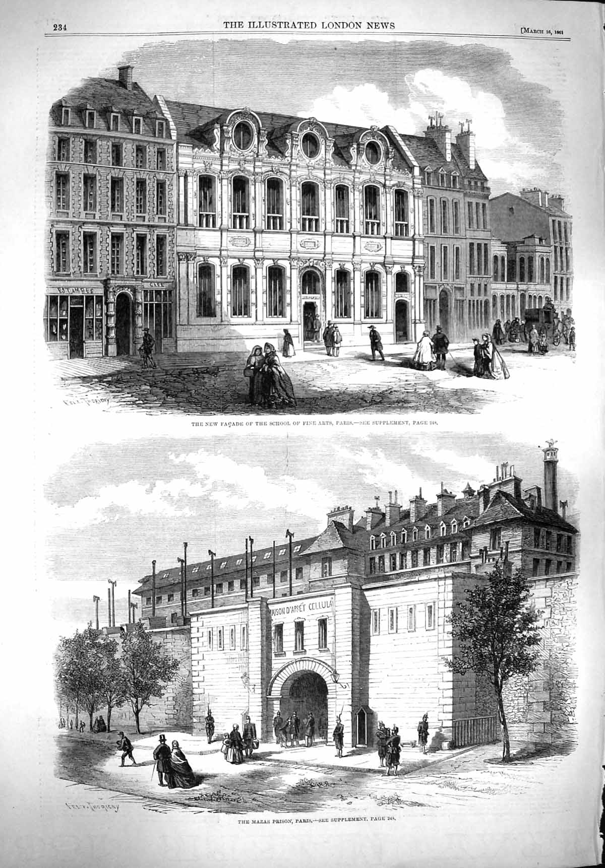 Antique Print *3796 1861 Faáade School Fine Arts Paris Mazas Prison France