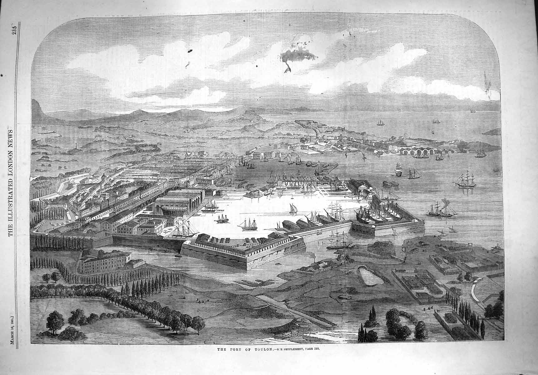 Original Old Antique Print 1861 View Port Toulon France Wa 19th