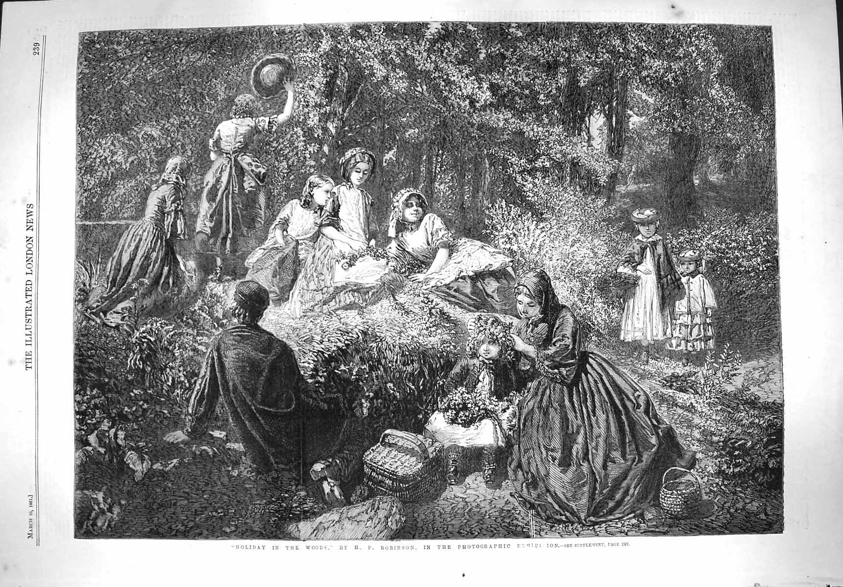 Original Old Antique Print 1861 Holiday Woods Trees Family Day Out Picnic 19th