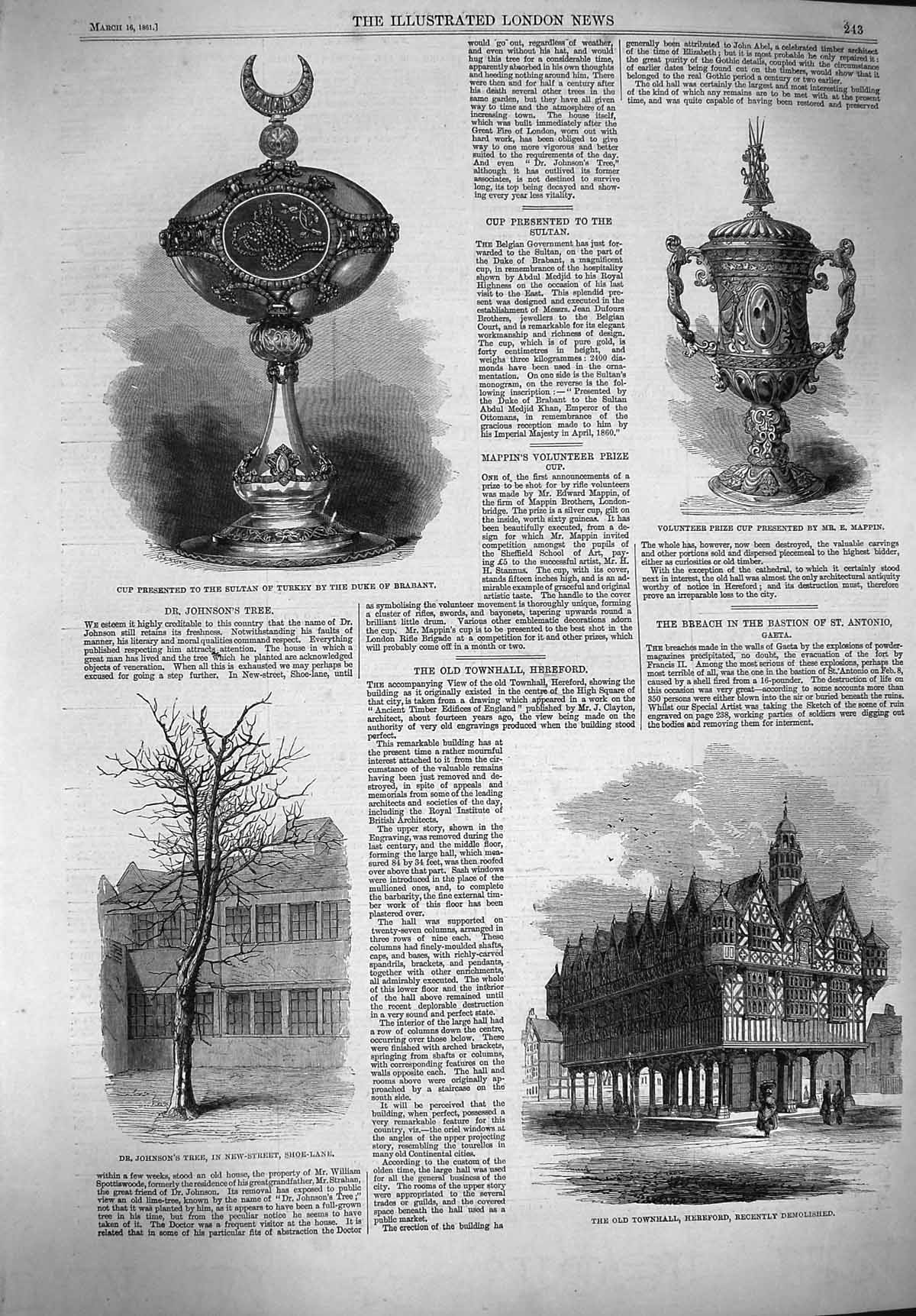 Original Old Antique Print 1861 Cup Sultan Turkey Duke Brabant Townhall H 19th