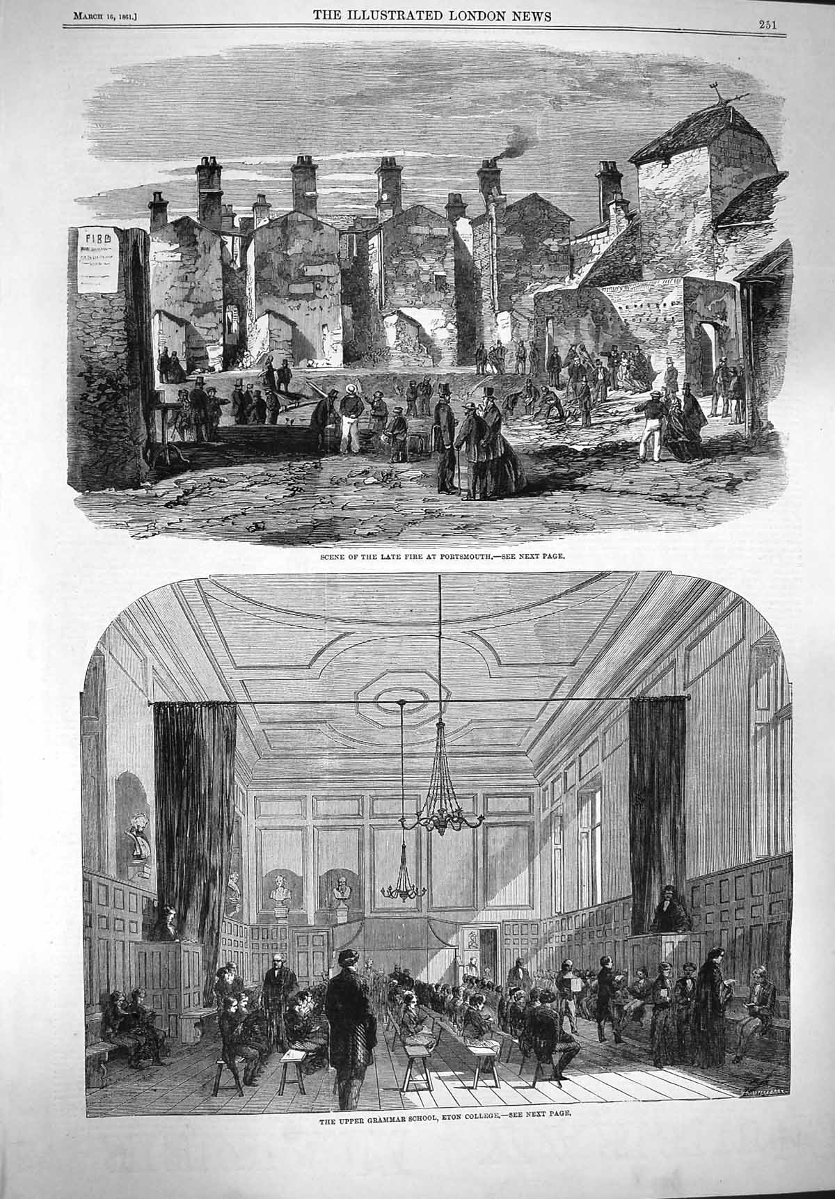 Old Antique Print 1861 Fire Portsmouth Upper Grammar School Eton College 19th