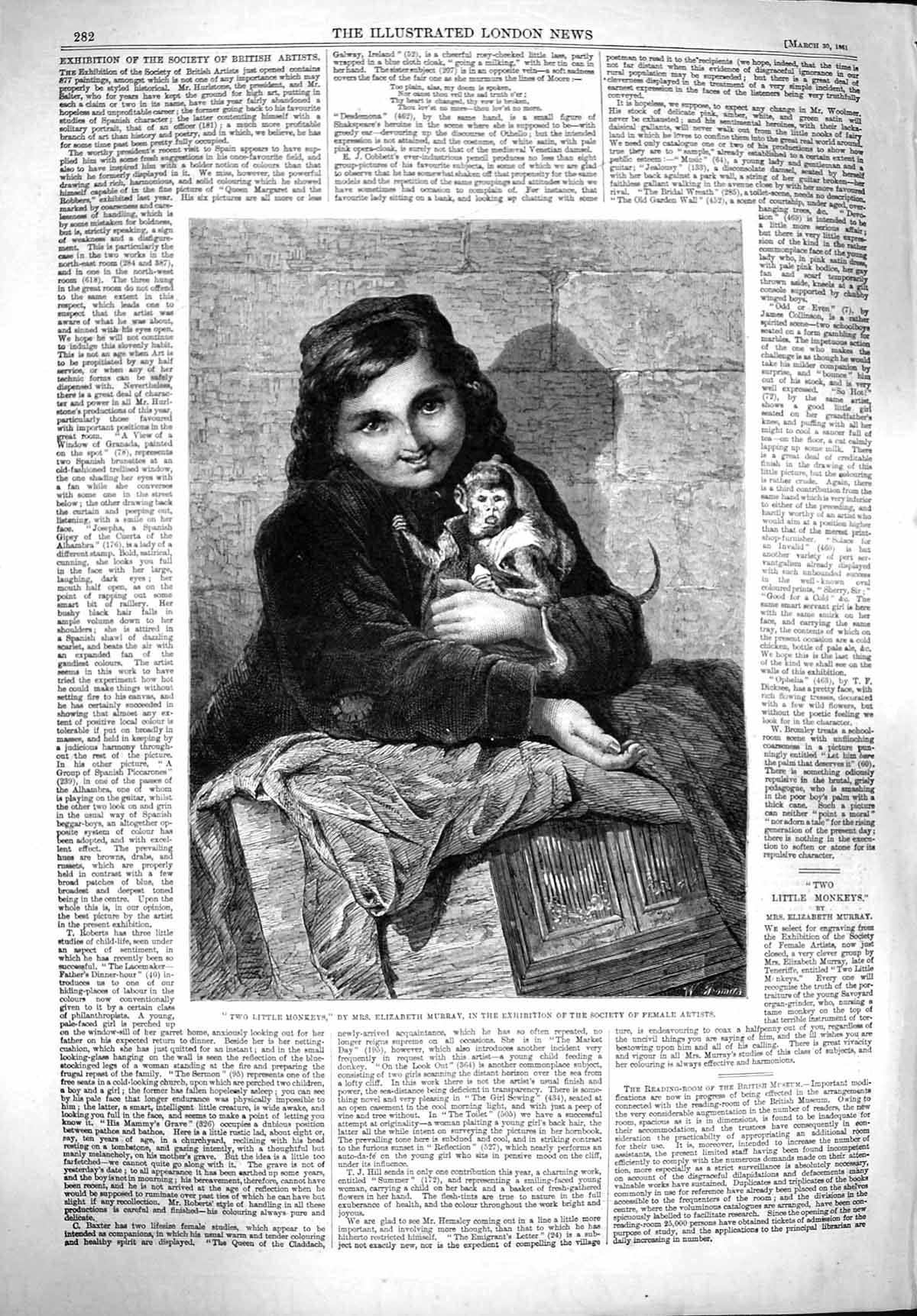 Old Antique Print 1861 Elizabeth Murray Fine Art Two Little Monkeys Girl 19th