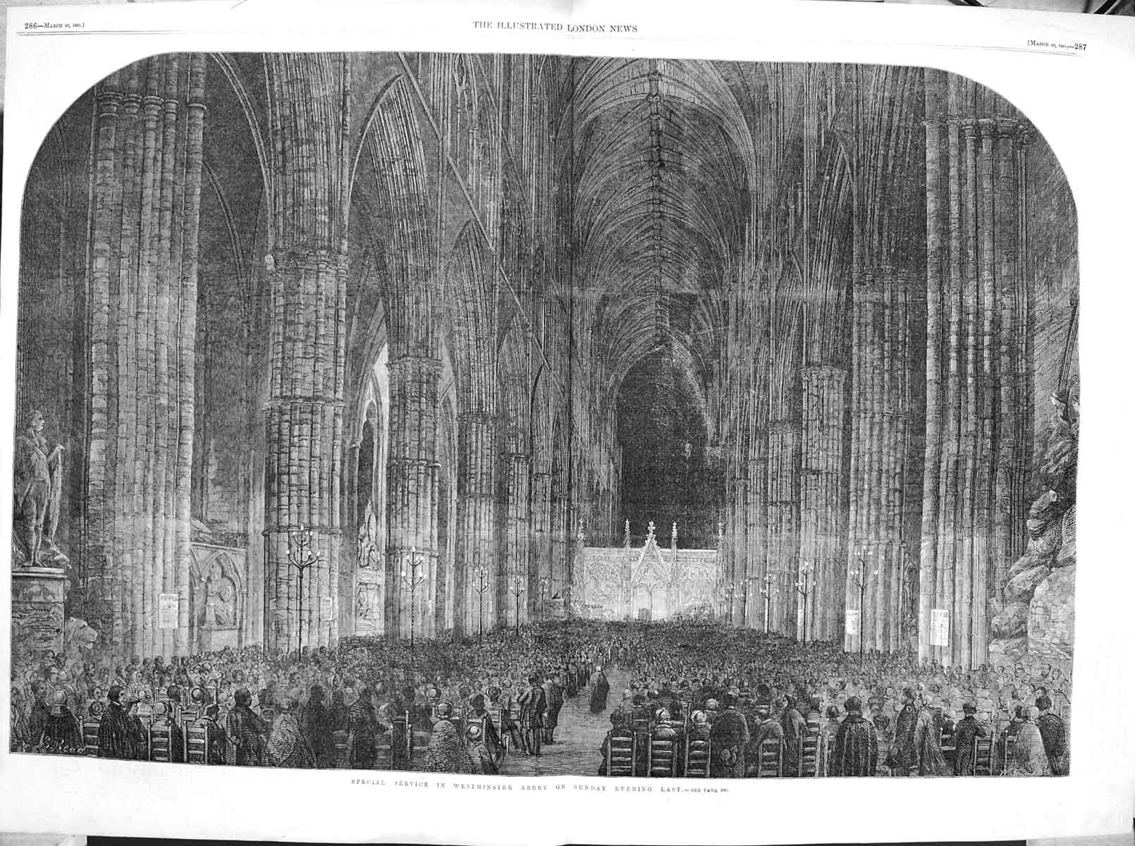 Original Old Antique Print 1861 Special Service Westminster Abbey Fine Art