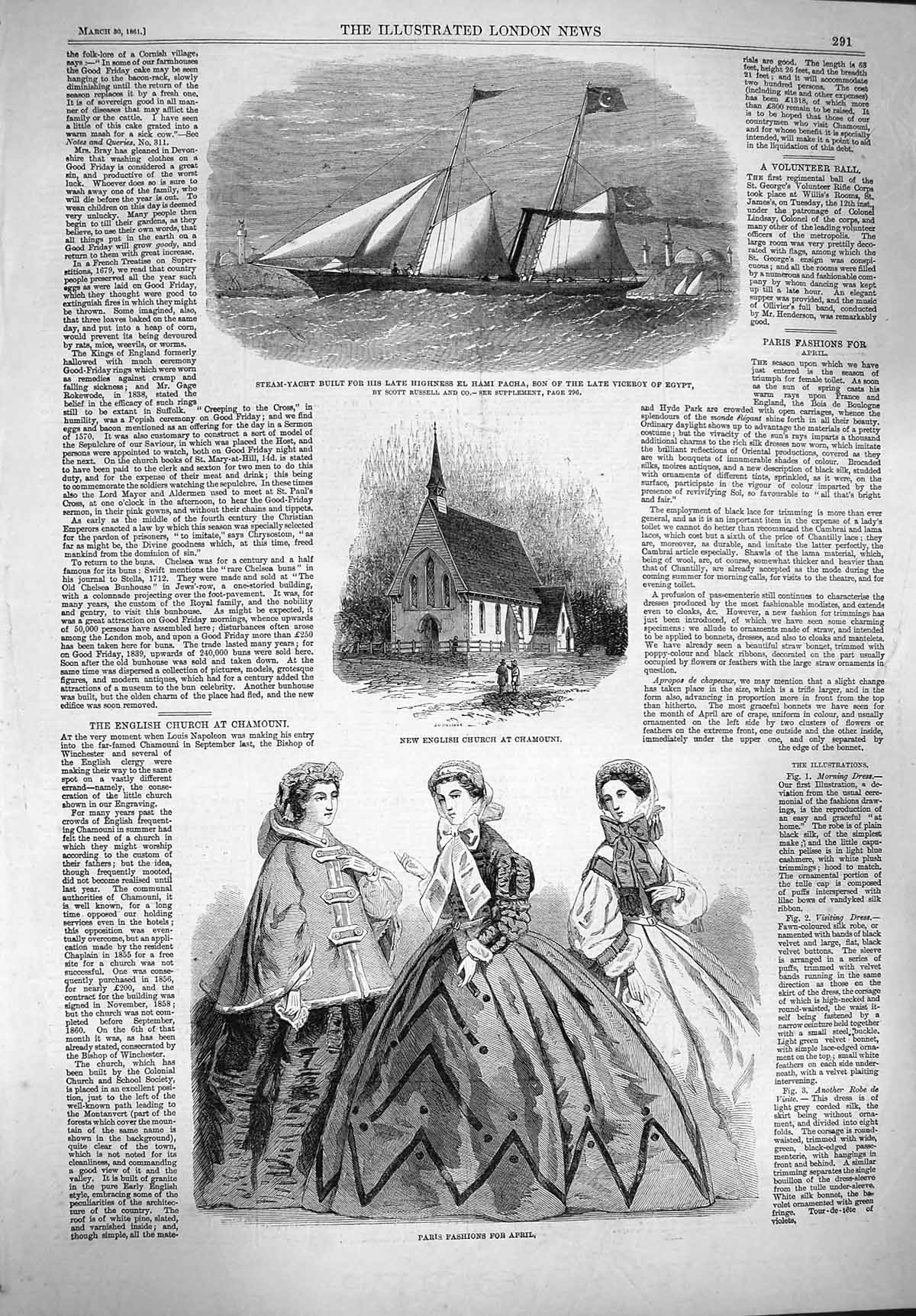 Original Old Antique Print 1861 Paris Fashion Church Chamouni Yacht Vicero 19th
