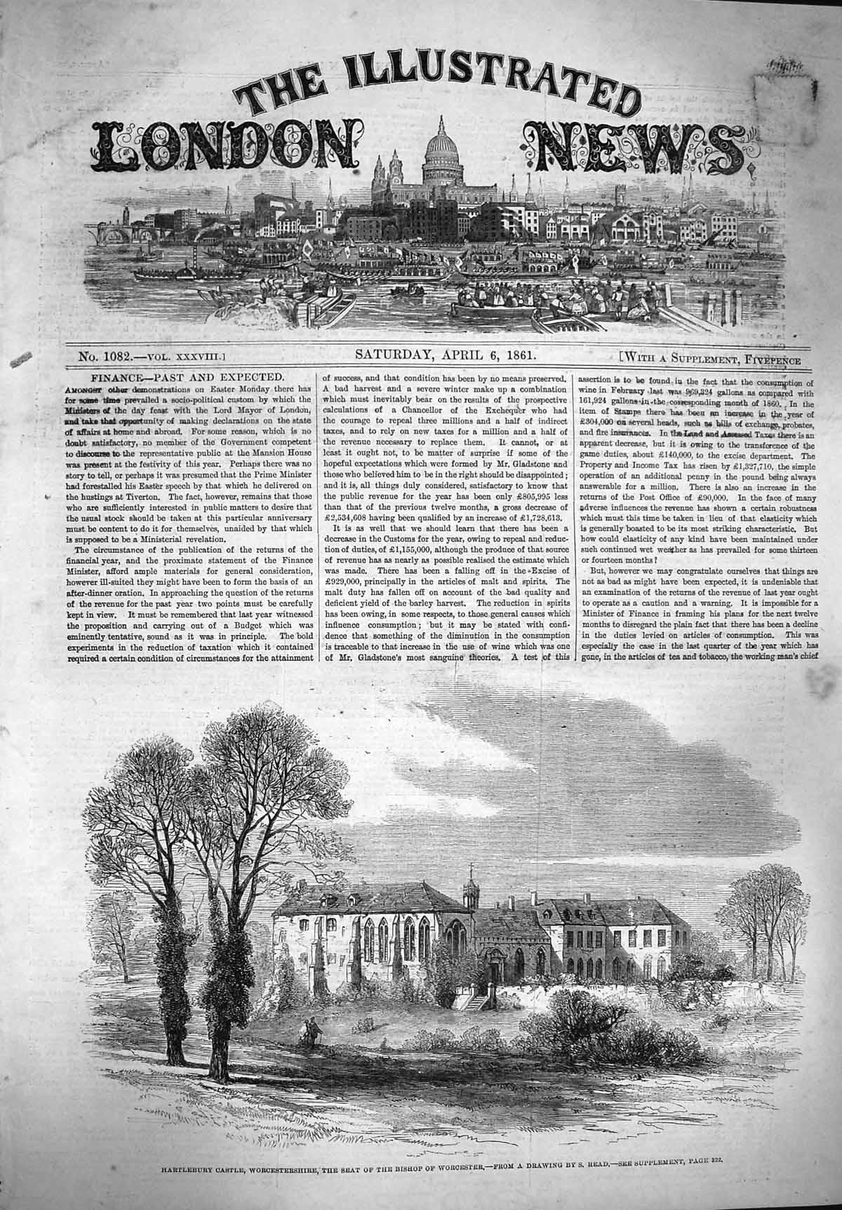 Original Old Antique Print 1861 Hartlebury Castle Worcestershire Bishop House