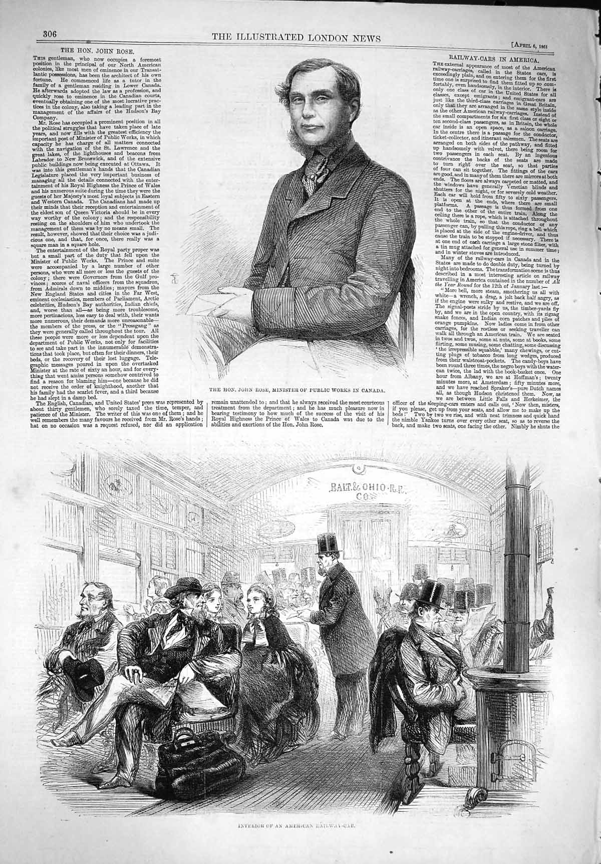 Original Old Antique Print 1861 John Rose Minister Canada American Railway Car