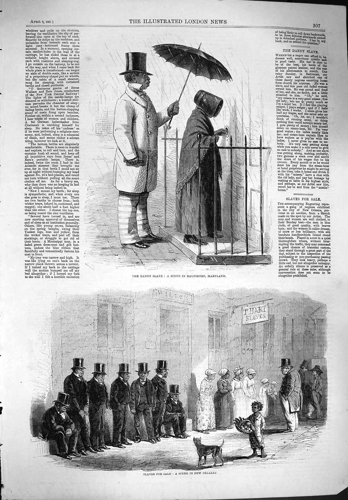 Original Old Antique Print 1861 Dandy Slave Baltimore Maryland Sale New 19th