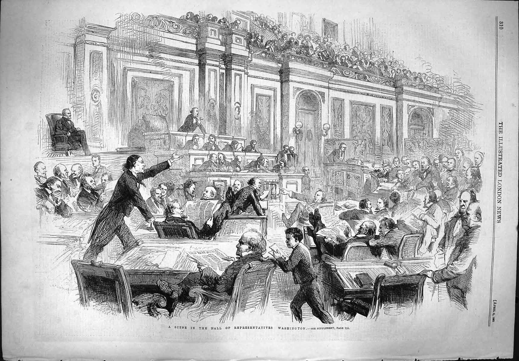 Original Old Antique Print 1861 Scene Hall Representatives Washington America