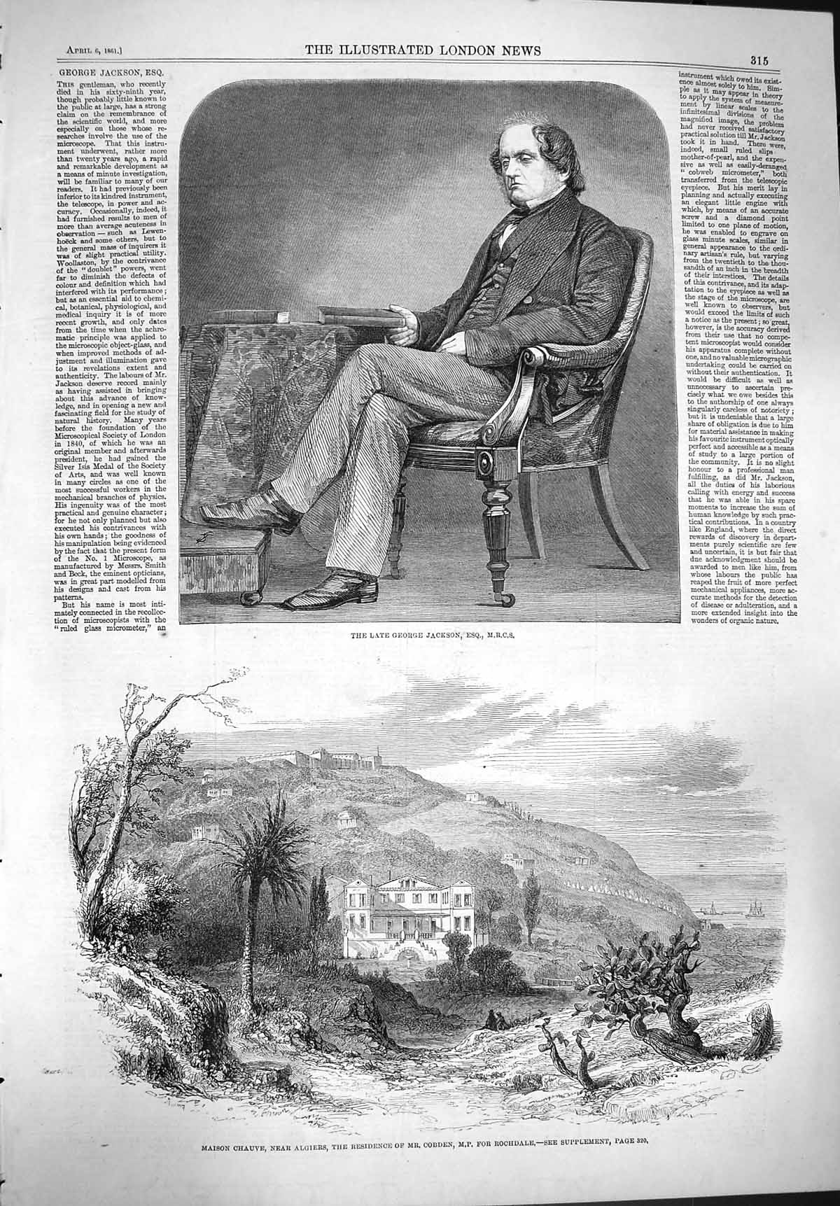 Old Antique Print 1861 George Jackson Maison Chauve Algiers Cobden M.P. 19th