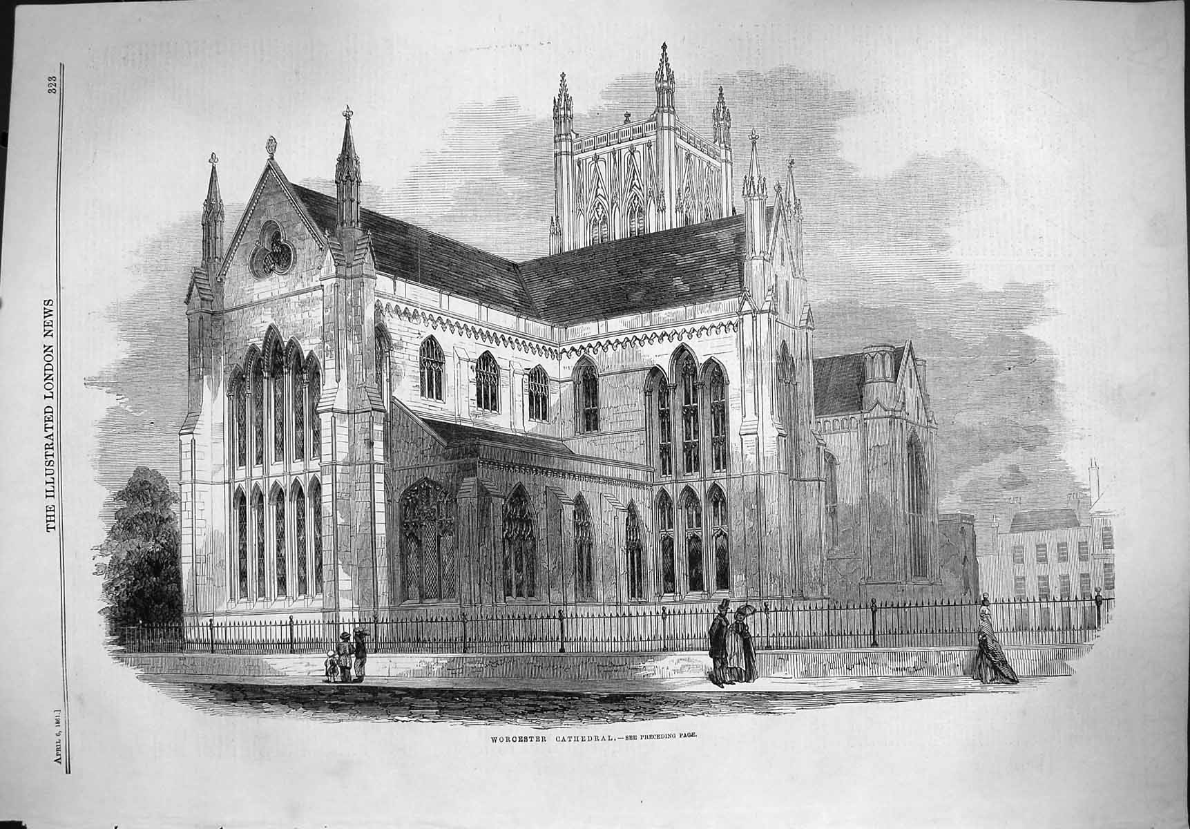 Original Old Antique Print 1861 Architecture Worcester Cathedral Church 19th