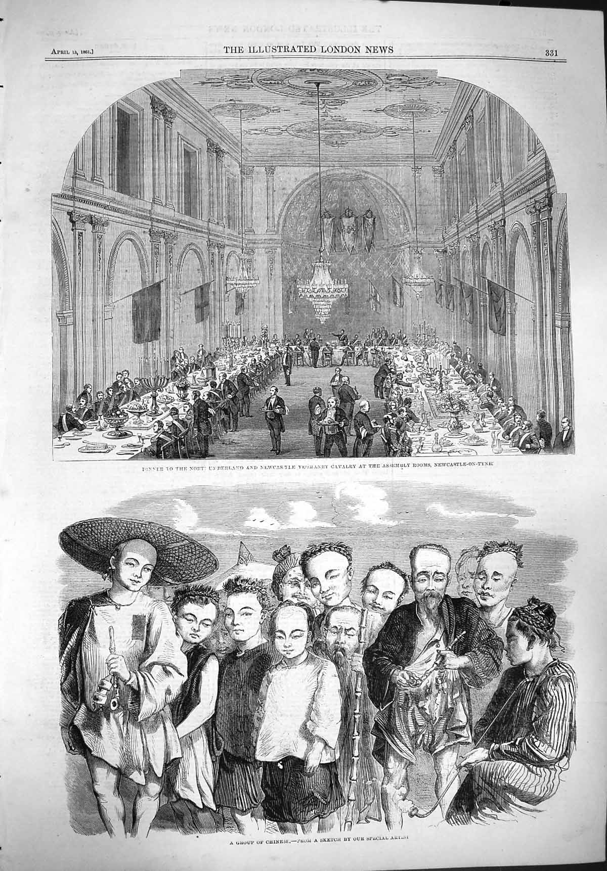 Original Old Antique Print 1861 Chinese People Dinner Northumberland Y Victorian