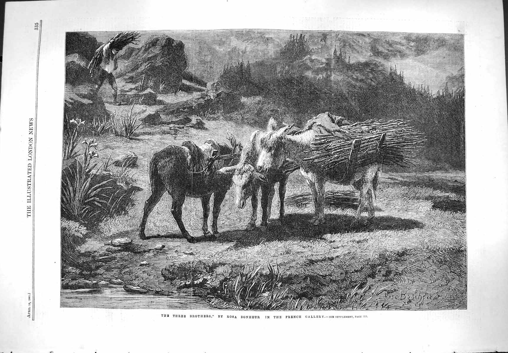Original Old Antique Print 1861 Three Brothers Rosa Bonheur Fine Art Donkeys