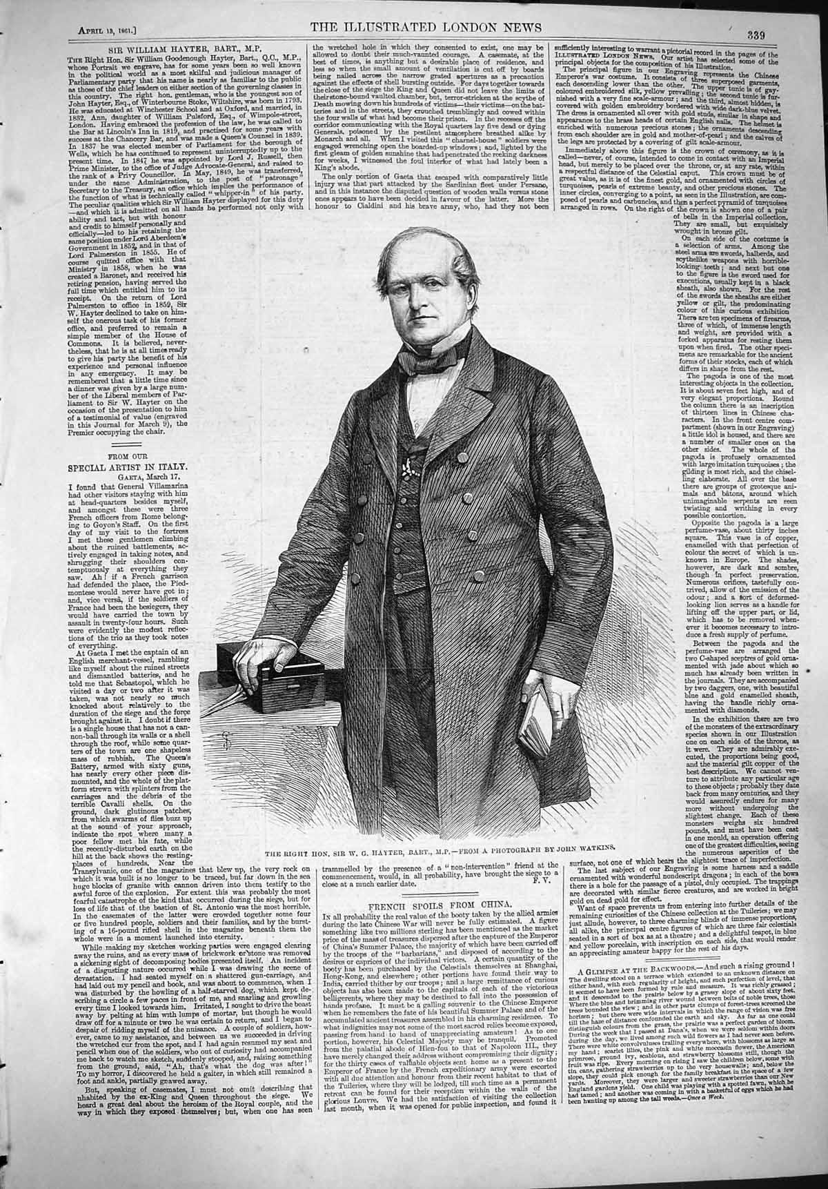 Original Old Antique Print 1861 Portrait Sir W.G. Hayter John Watkins Victorian
