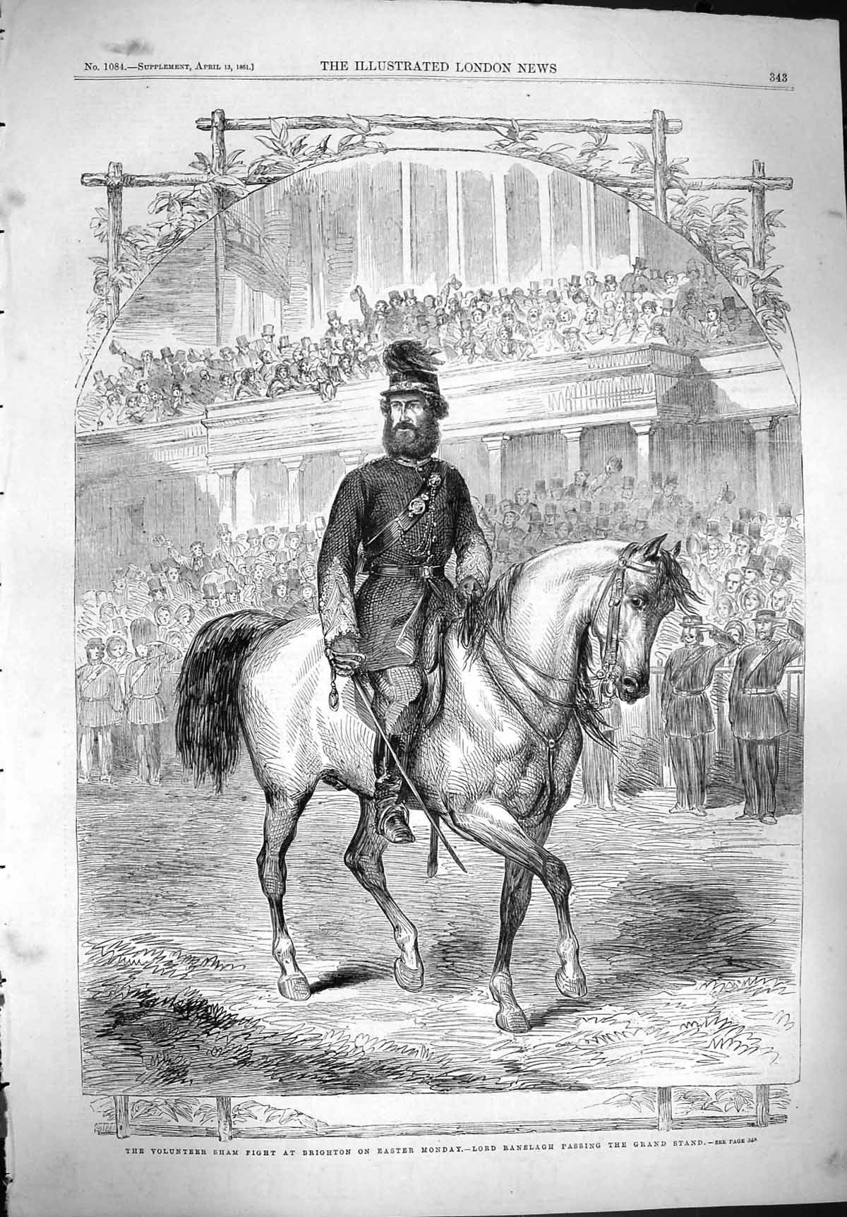 Antique Print *3800 1861 Volunteer Sham Fight Brighton Lord Ranelagh Horse