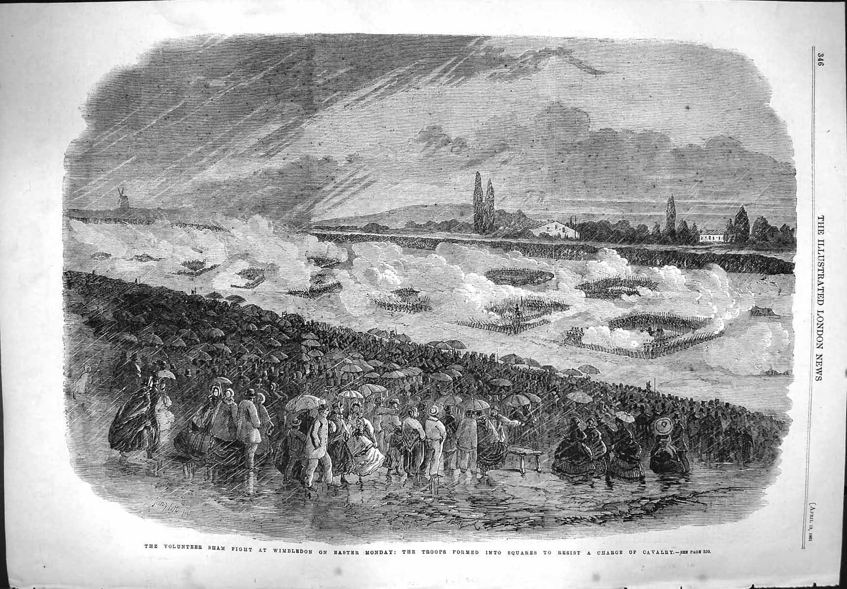 Original Old Antique Print 1861 Volunteer Sham Fight Wimbledon Siers Cavalry