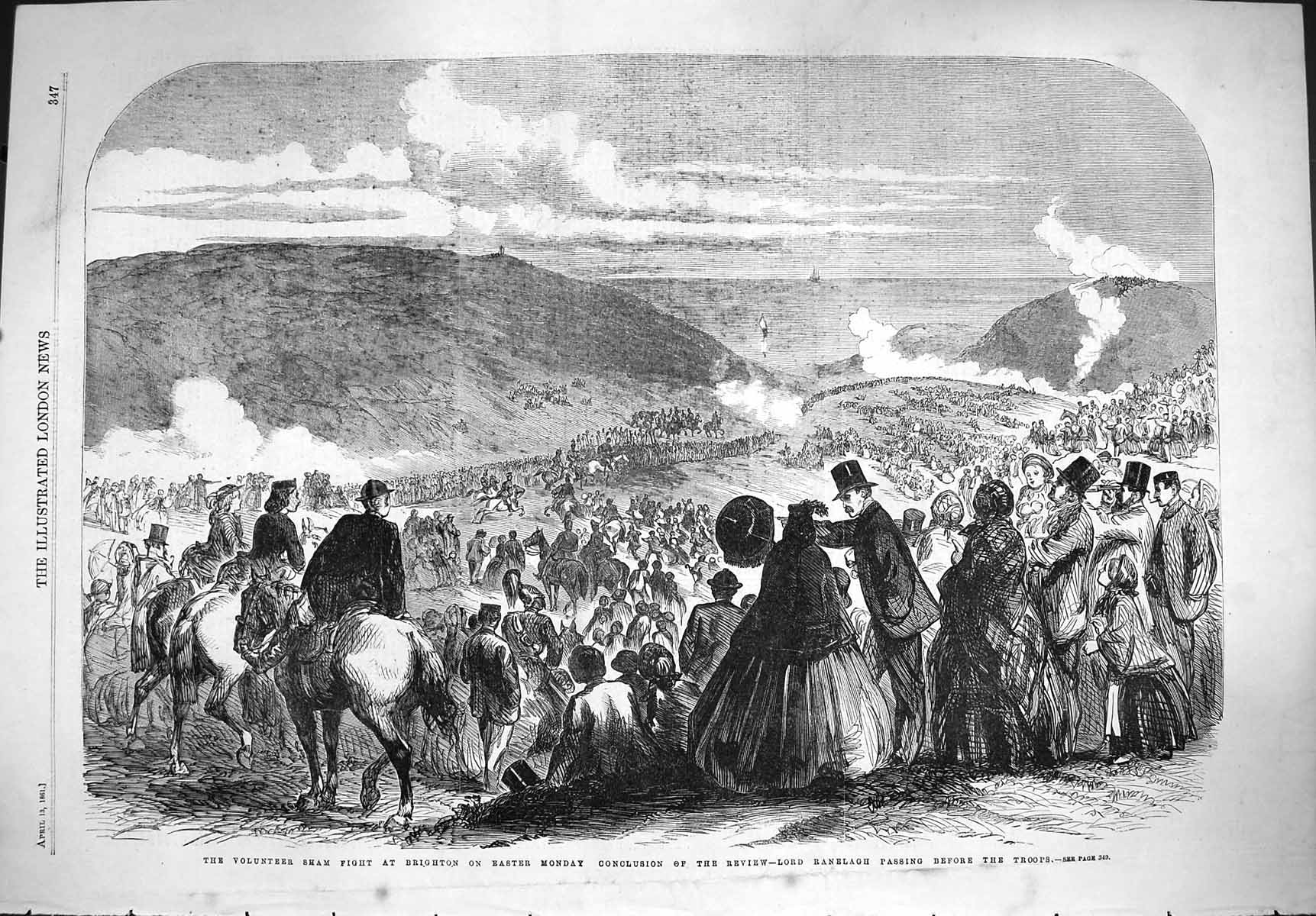 Old Antique Print 1861 Volunteer Sham Fight Brighton Lord Ranelagh Army 19th