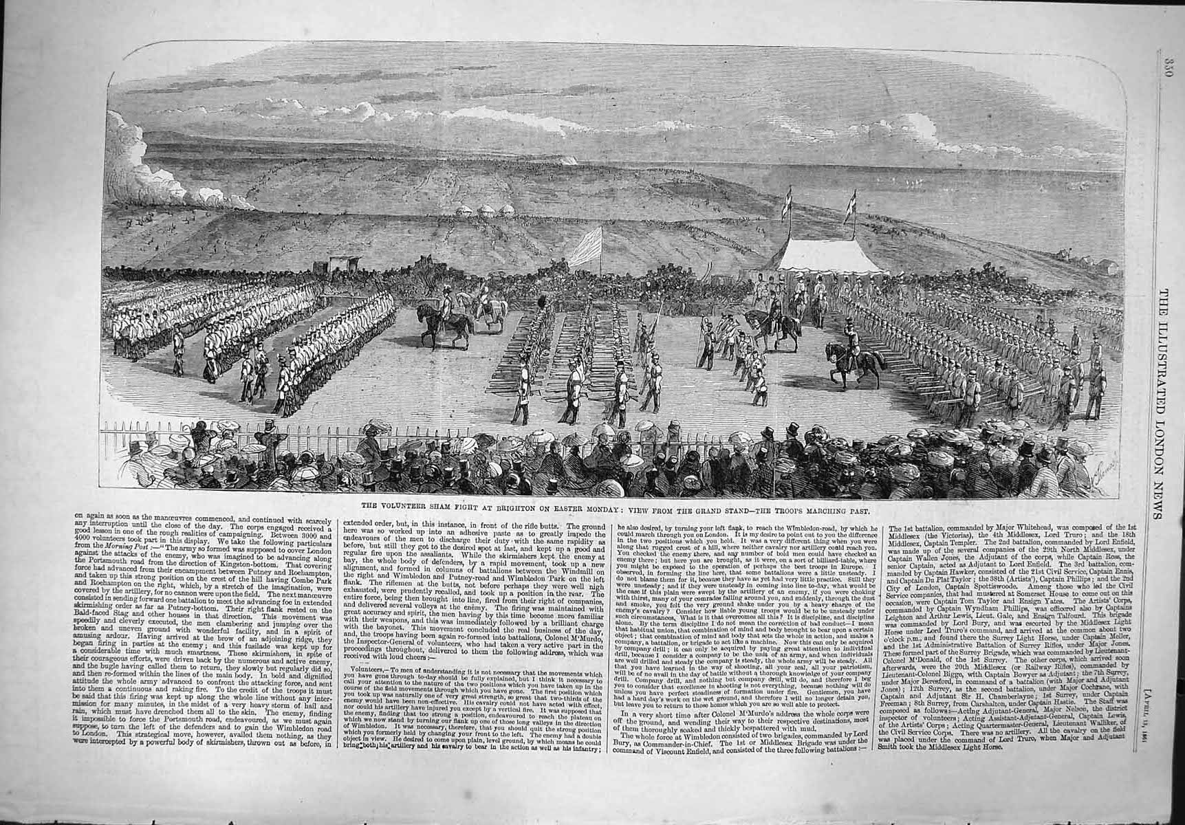 Original Old Antique Print 1861 Volunteer Sham Fight Brighton Marching Siers