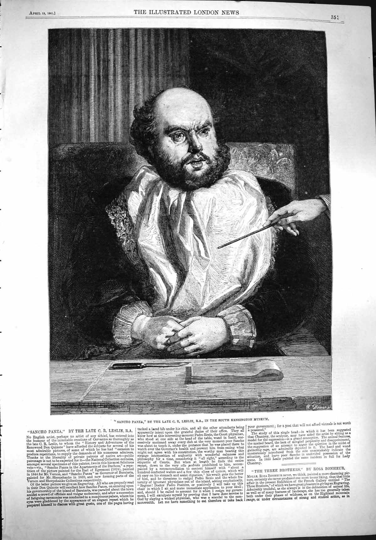 Original Old Antique Print 1861 Portrait Sancho Panza Kensington Museum 19th