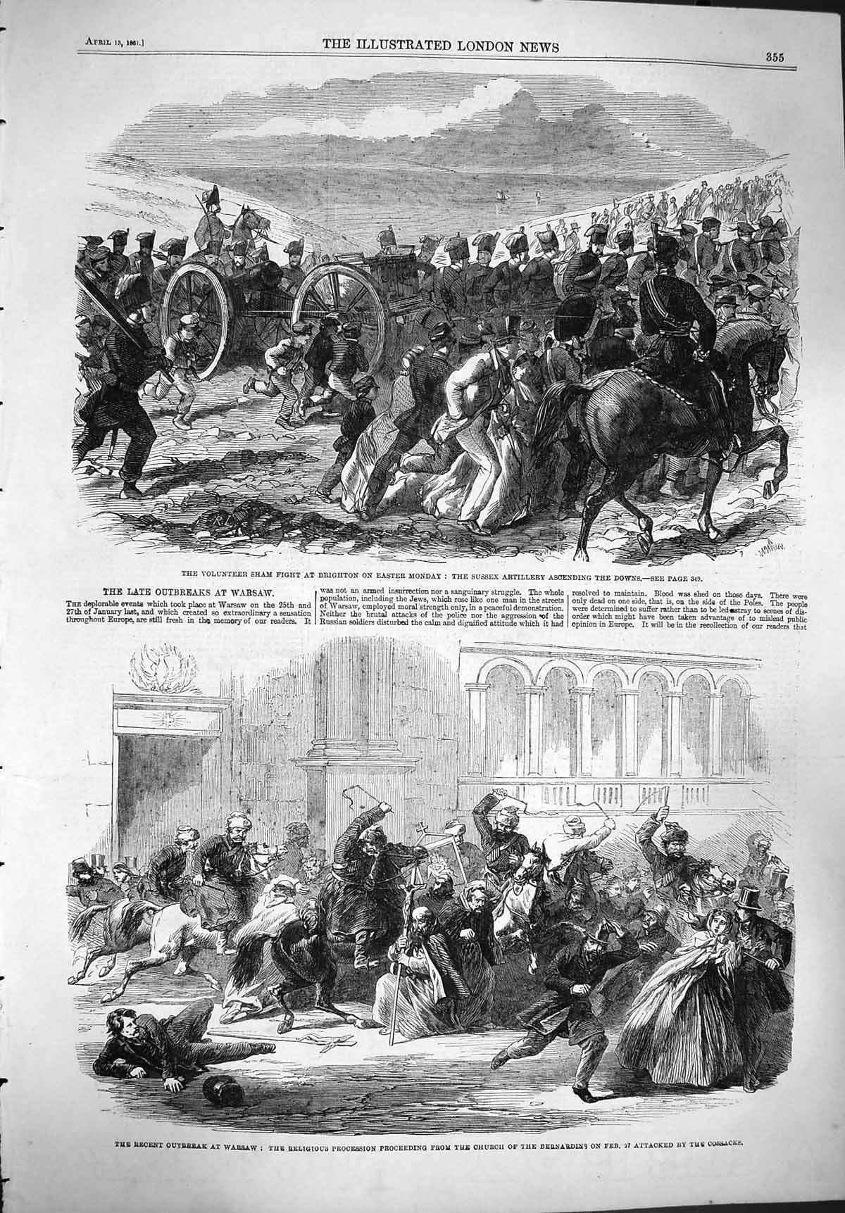 Original Old Antique Print 1861 Sham Fight Brighton Sussex Siers Warsaw Cossack
