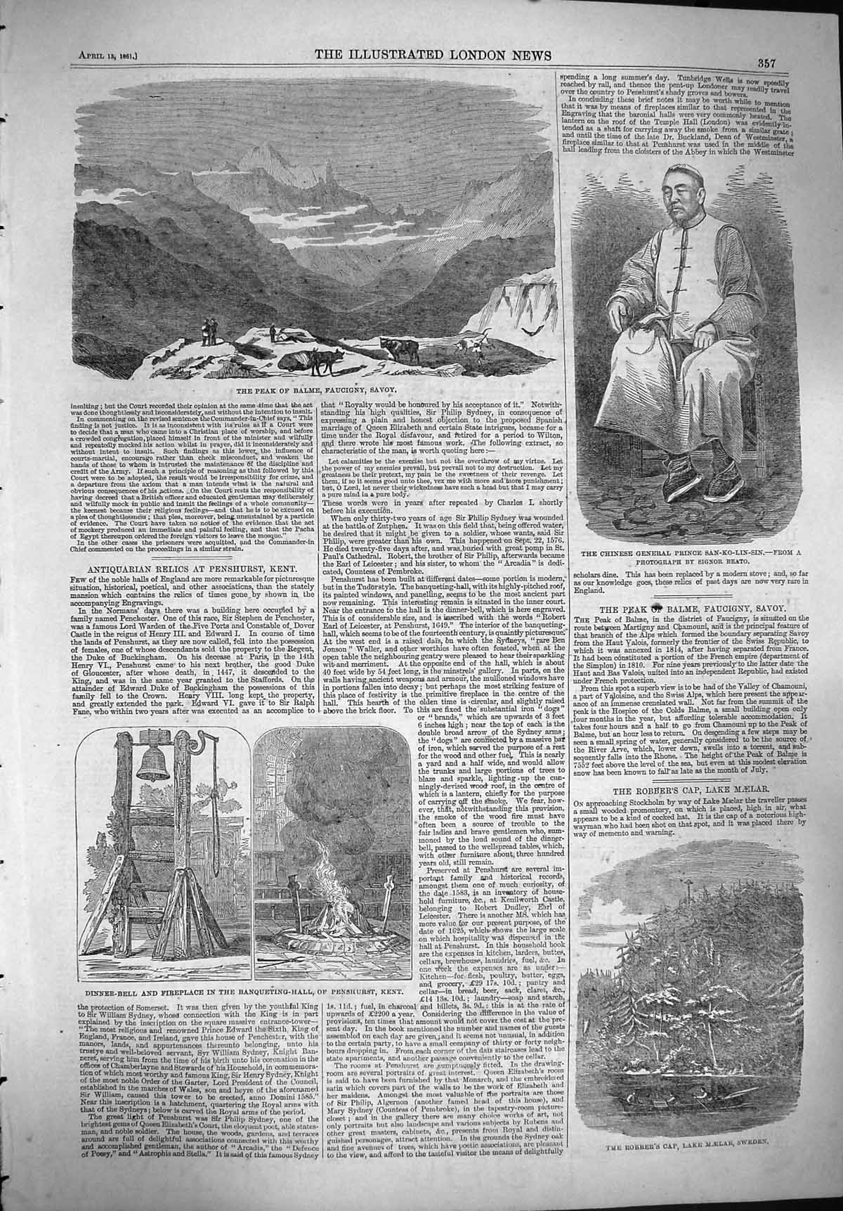 Old Antique Print 1861 Balme Faucigny Savoy Prince San-Ko-Lin-Sin Sweden 19th