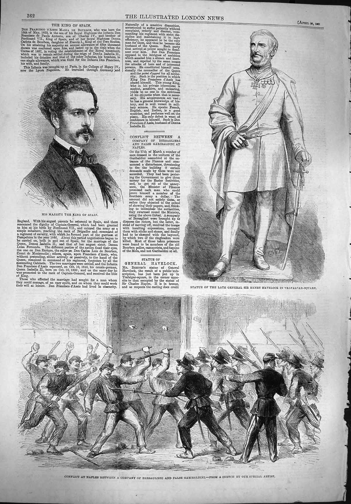 Old Antique Print 1861 King Spain Statue Henry Havelock Naples Garibaldi 19th