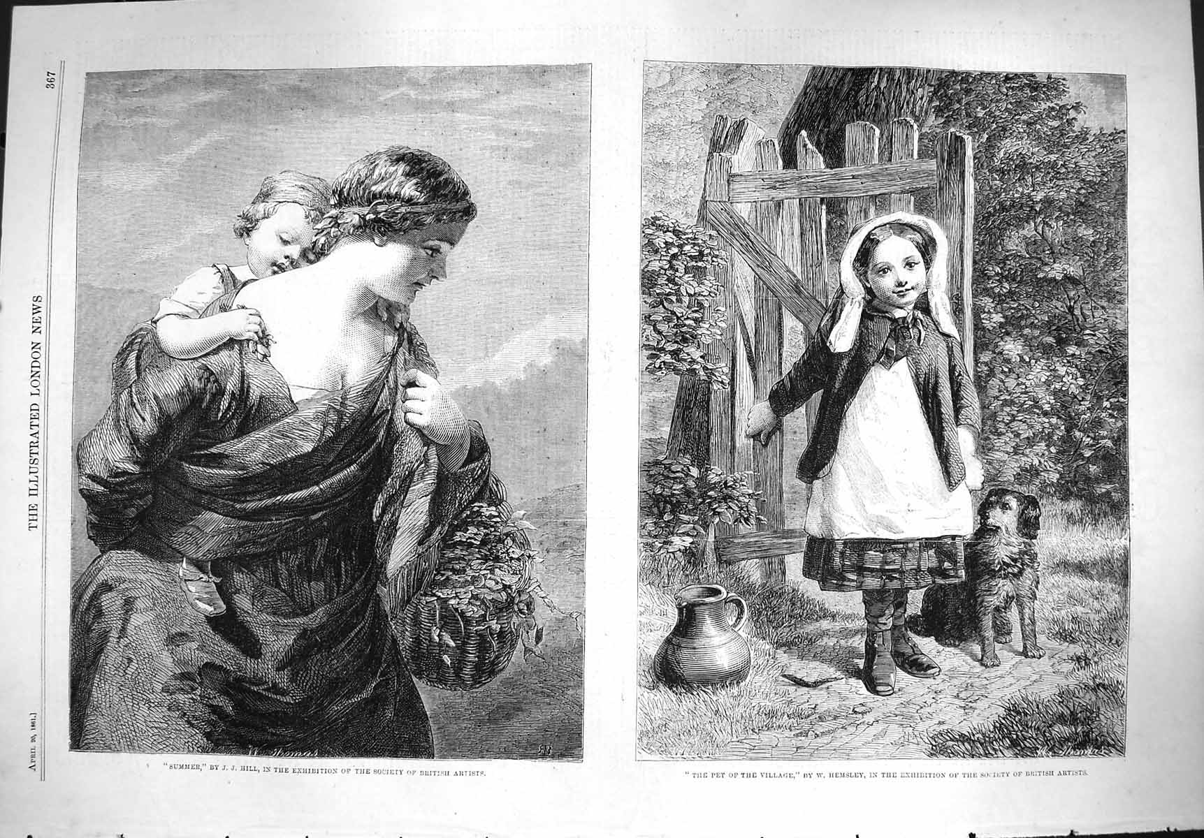 Original Old Antique Print 1861 Pet Village Little Girl Dog Hemsley Summer Lady