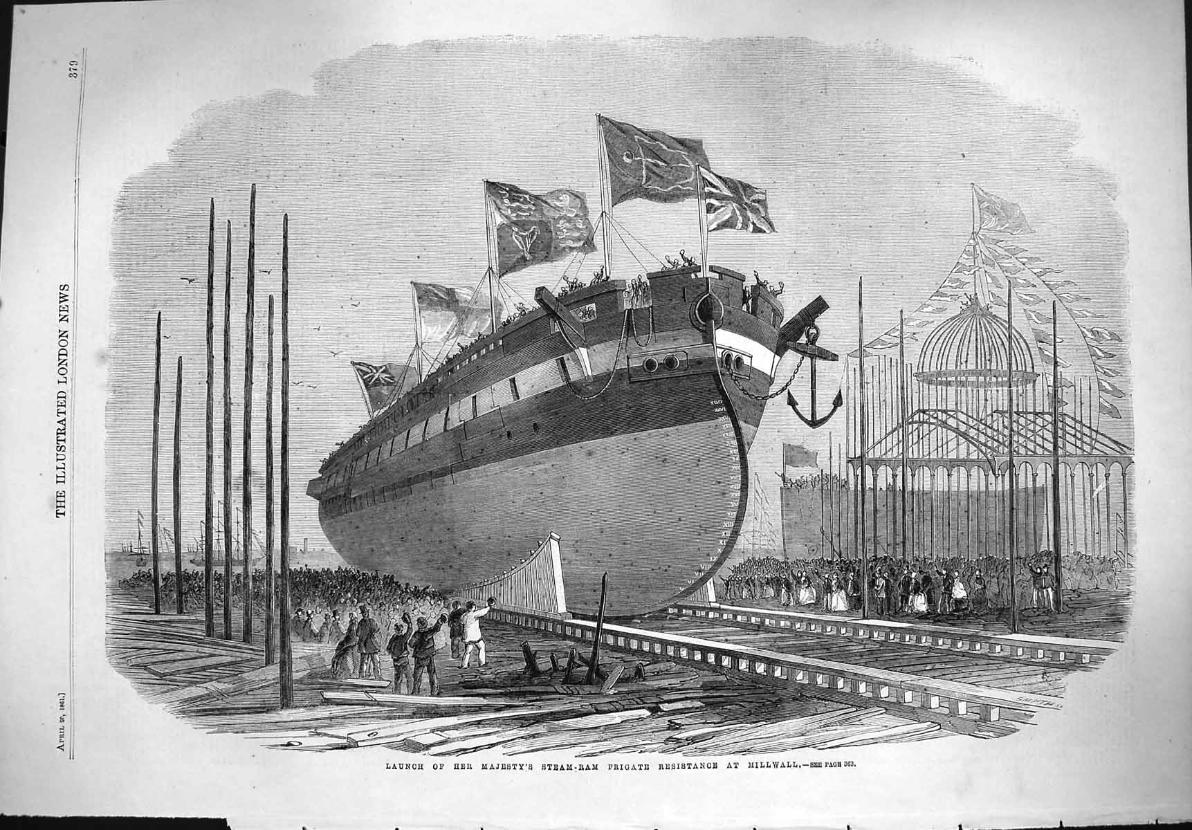 Old Antique Print 1861 Majesty Steam Ram Frigate Resistance Millwall Ship 19th