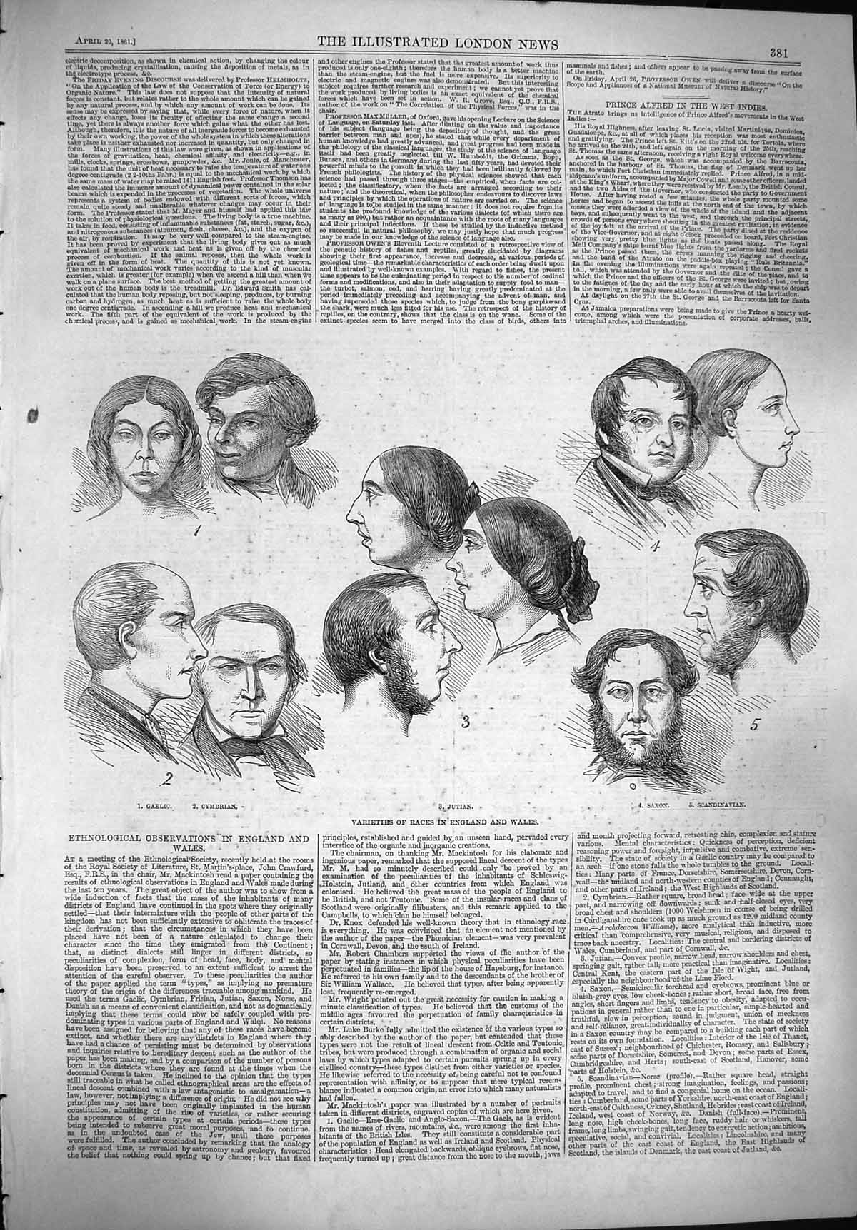 Old Antique Print 1861 Races England Wales Jutian Gaelic Saxon Cymbrian 19th
