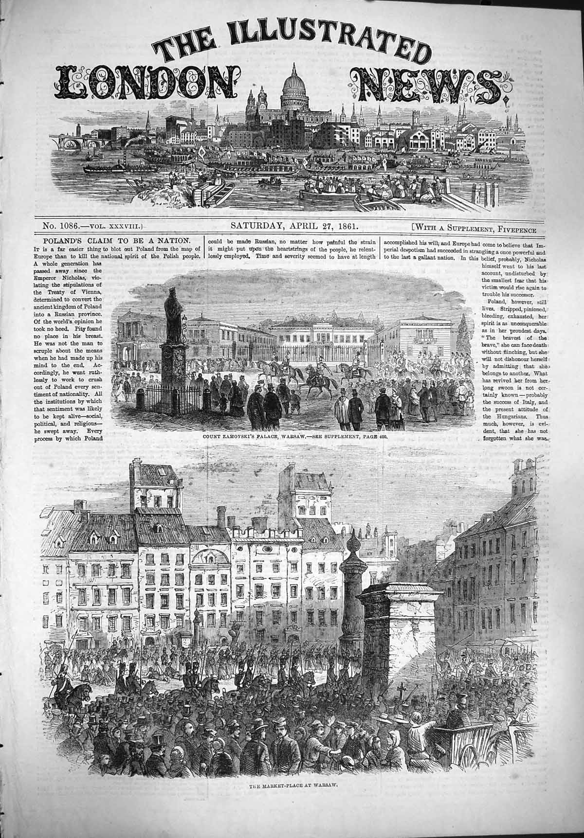Original Old Antique Print 1861 Count Zamoyski Palace Warsaw Market Place 19th
