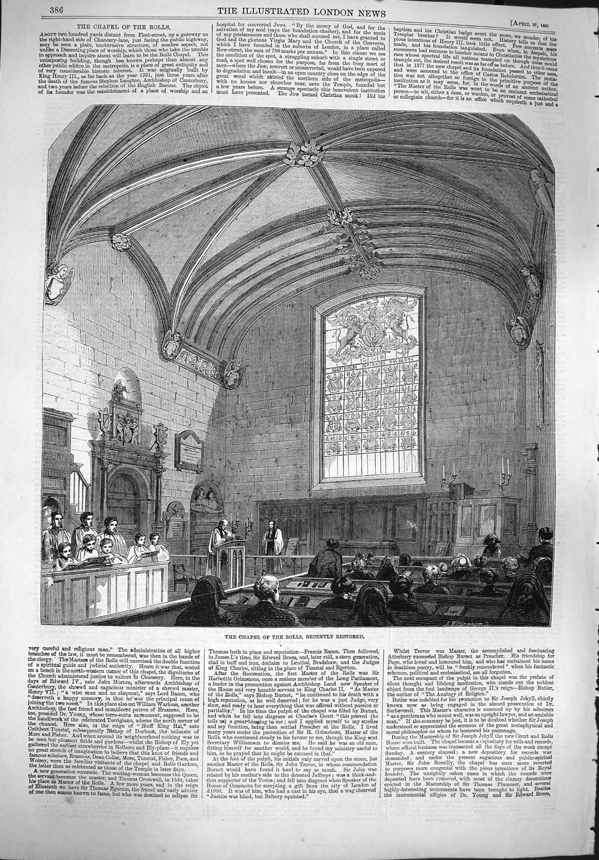 Original Old Antique Print 1861 Chapel Rolls Fleet Street London Archi Victorian