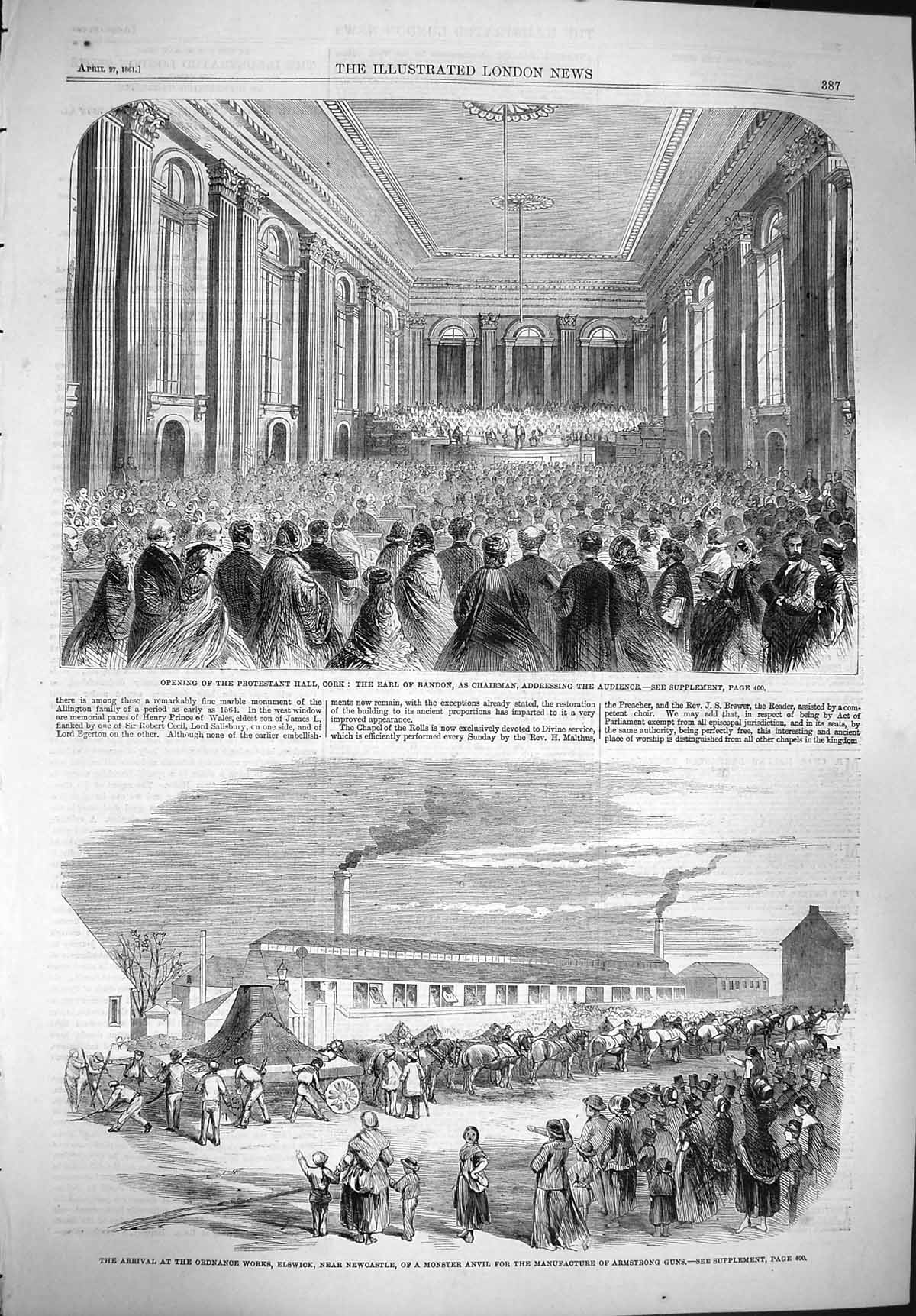 Old Antique Print 1861 Protestant Hall Cork Earl Bandon Elswick Newcastle 19th