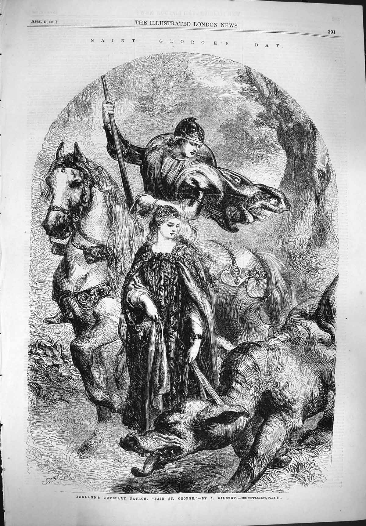Original Old Antique Print 1861 England Tutelary Patron Saint George'S Day 19th