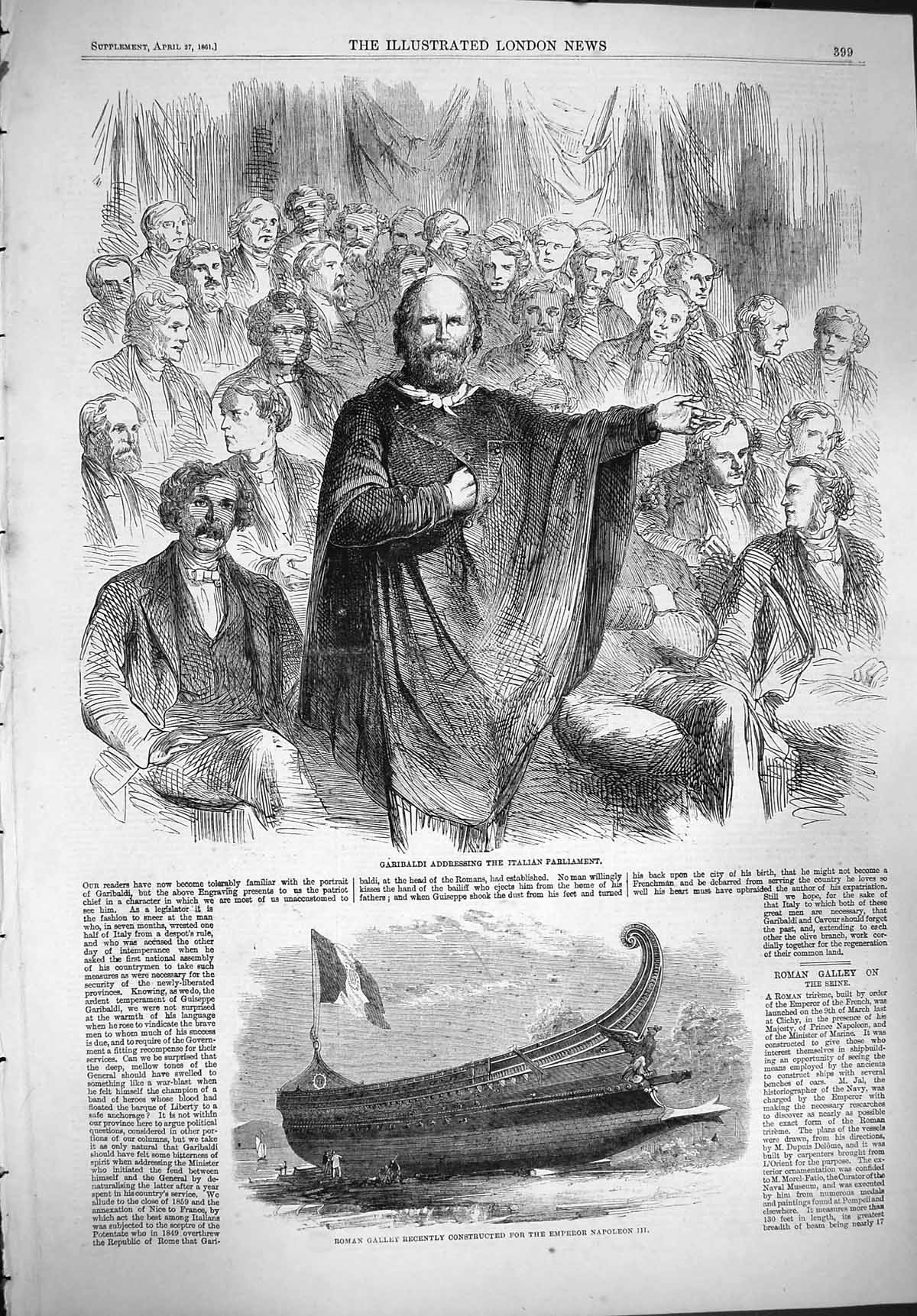 Old Antique Print 1861 Garibaldi Parliament Roman Galley Emperor Napleon 19th