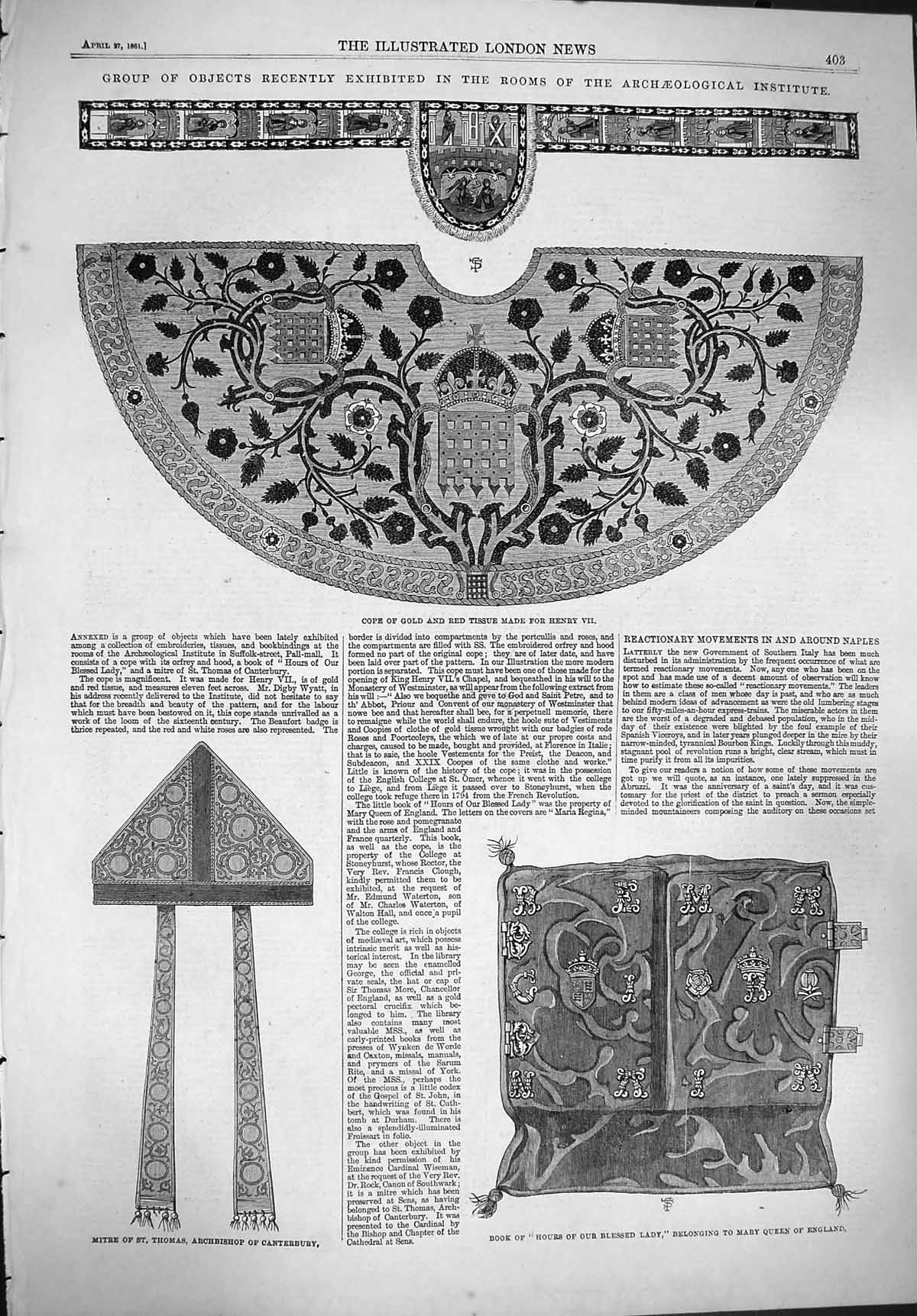 Original Old Antique Print 1861 Archaeology Cope GRed Tissue Mitre Book Lady