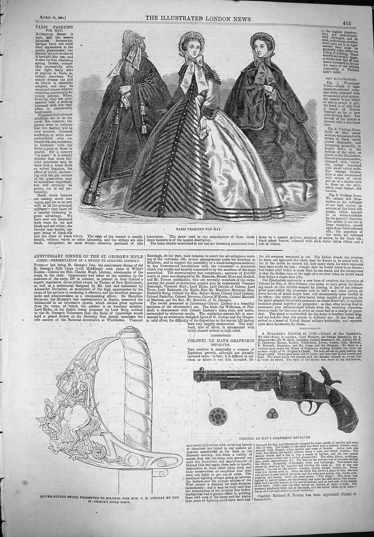 Original Old Antique Print 1861 Paris Fashion Colonel Mat'S Grapeshot Gun Sword