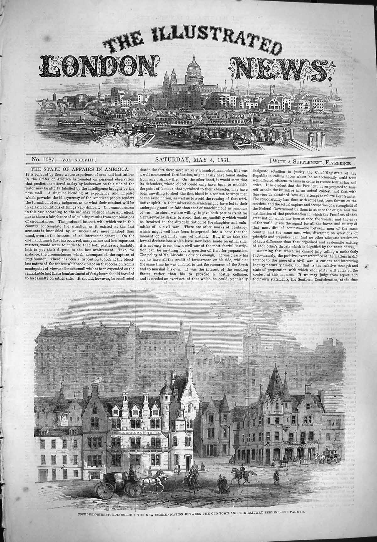 Old Antique Print 1861 Cockburn Street Edinburgh Railway Termini Houses 19th