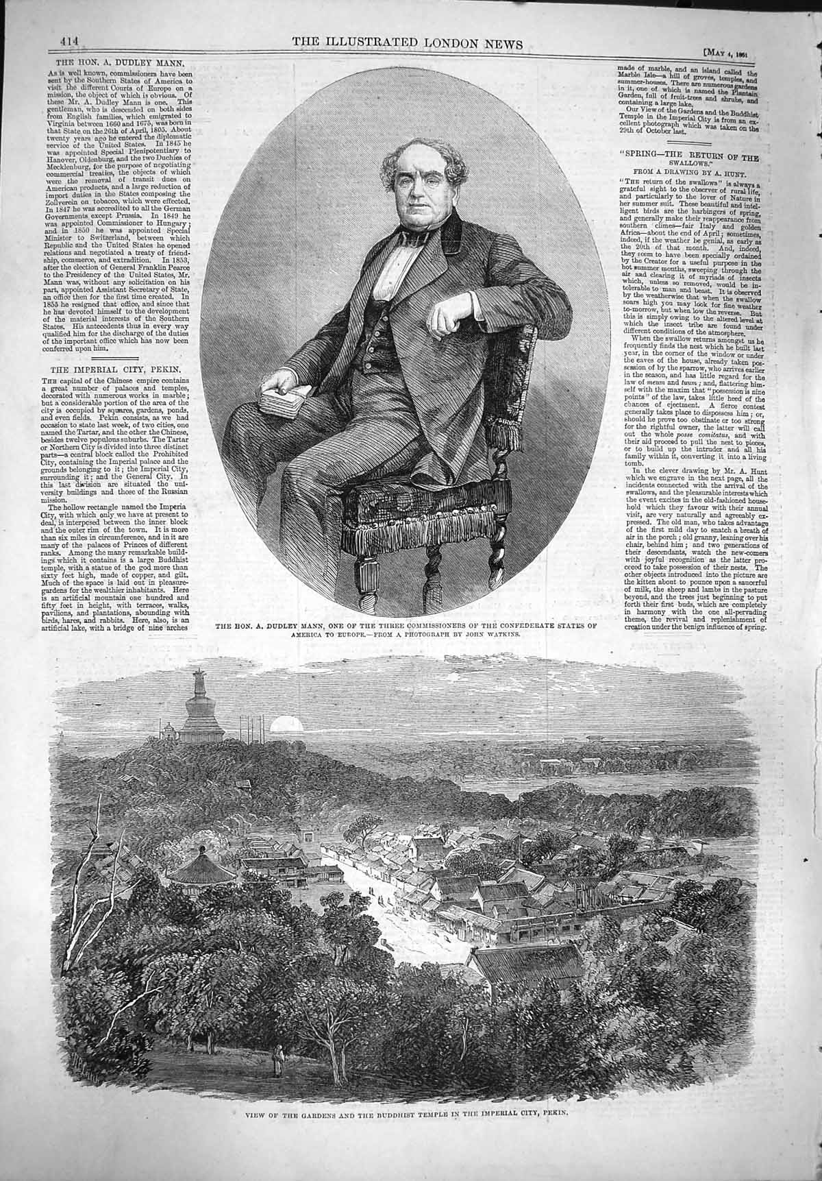 Old Antique Print 1861 Portrait Dudley Mann Gardens Buddhist Temple Pekin 19th