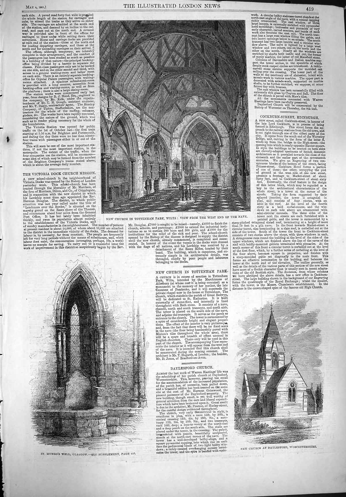 Old Antique Print 1861 Church Tottenham Park Wilts Mungo'S Well Glasgow 19th