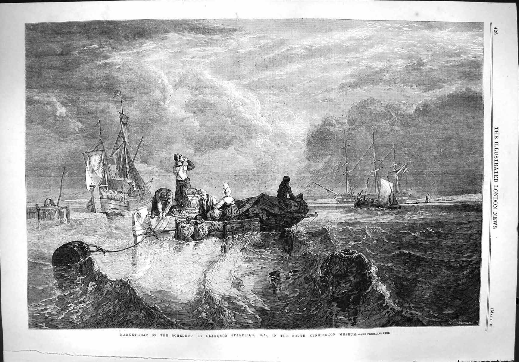 Original Old Antique Print 1861 Market Boat Scheldt Sea Ships Kensington Museum
