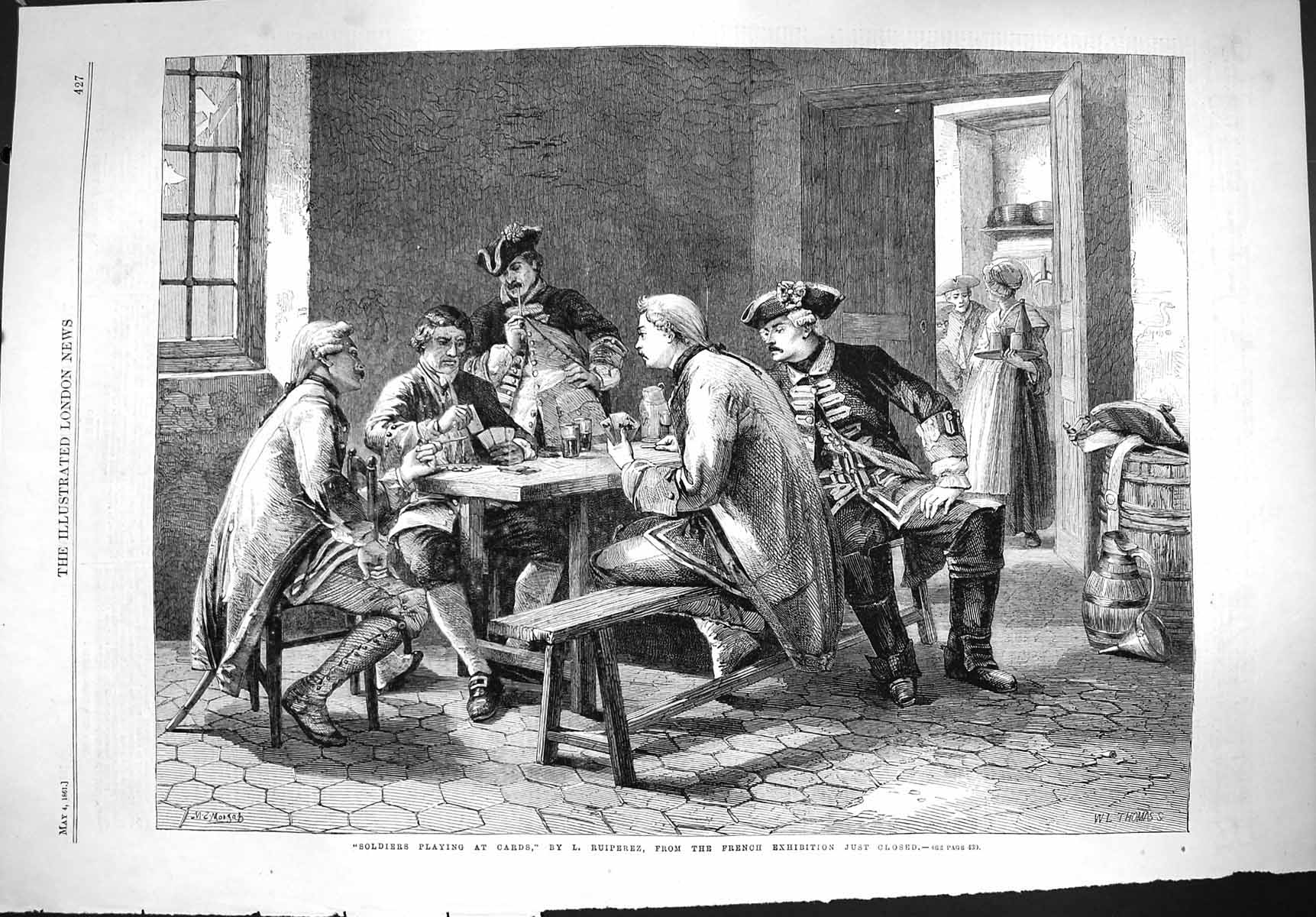 Original Old Antique Print 1861 Scene Soliders Playing Cards Game Ruiperez 19th