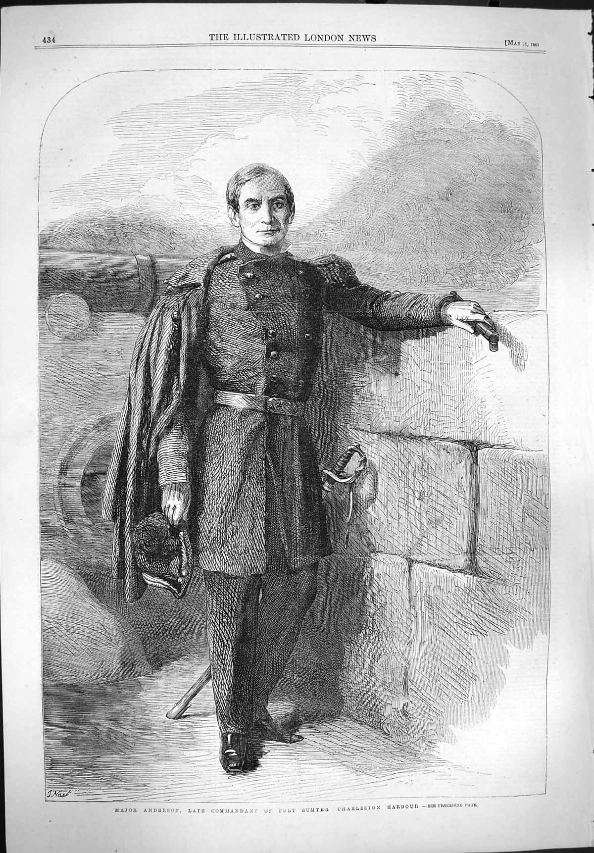 Old Antique Print 1861 Major Anderson Commandant Fort Sumter Charleston 19th