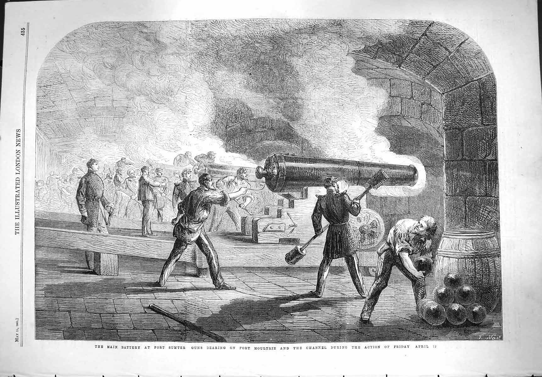 Old Antique Print 1861 Battery Fort Sumter Guns Fort Moultrie Channel War 19th