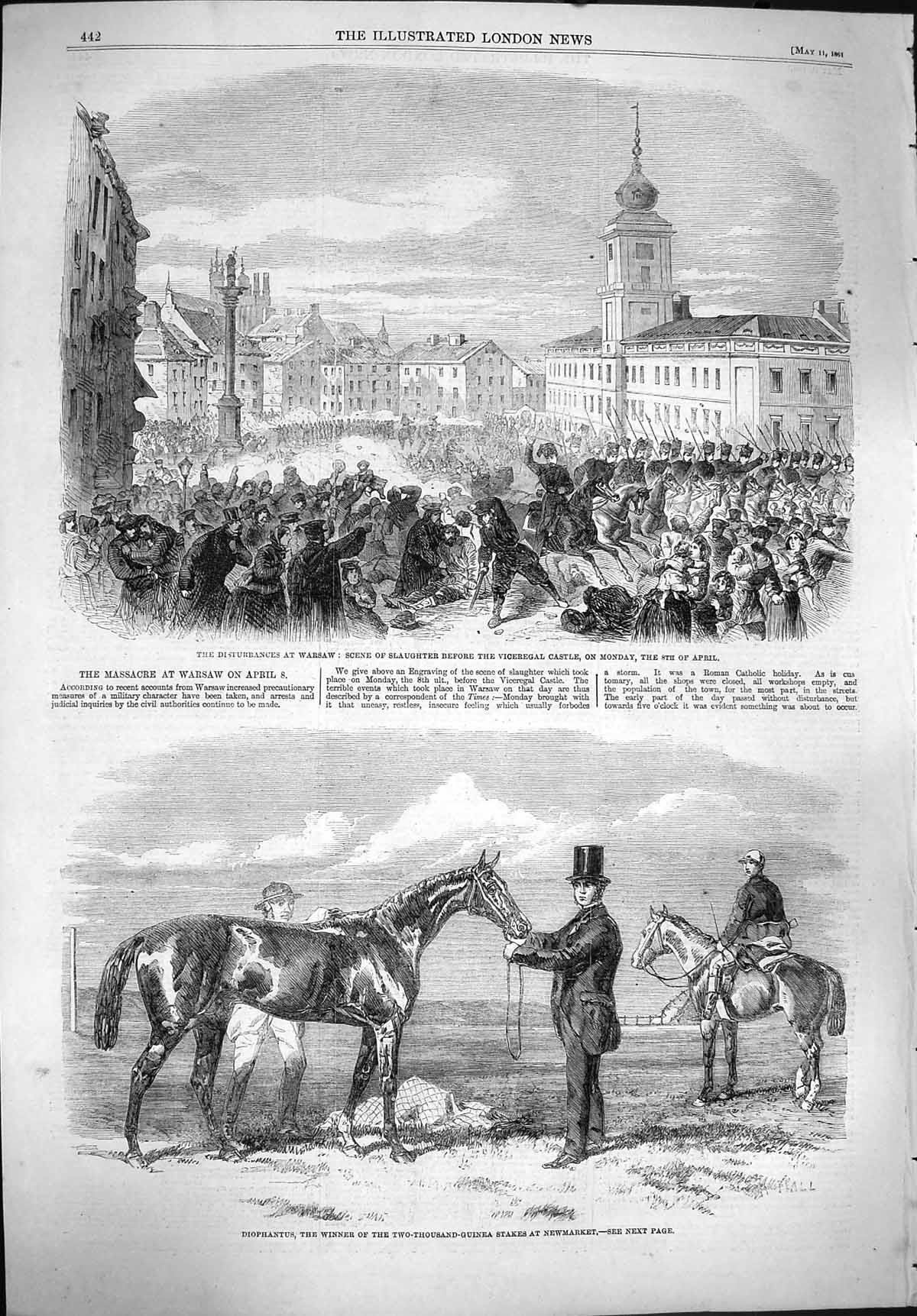 Old Antique Print 1861 Diophantus Horse Newmarket Warsaw Viceregal Castle 19th