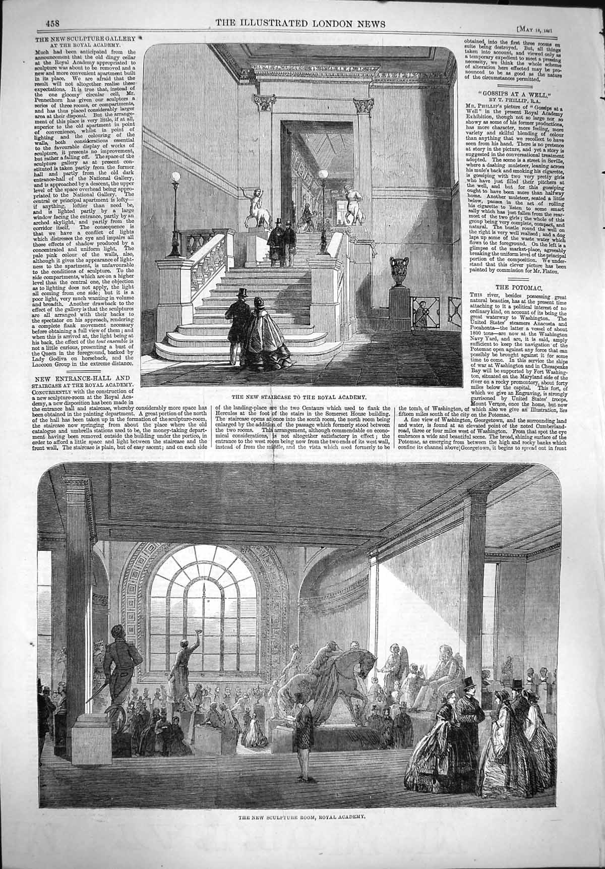 Original Old Antique Print 1861 Staircase Royal Academy Sculpture Room Art 19th