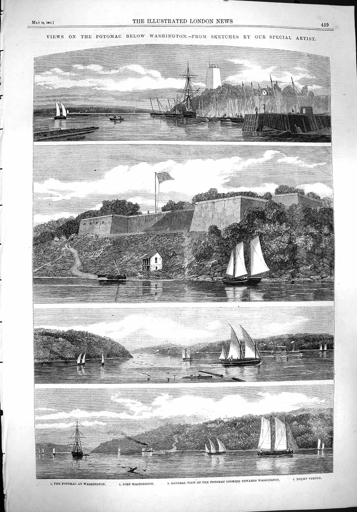 Original Old Antique Print 1861 Potomac Washington Fort Mount Vernon Yachts