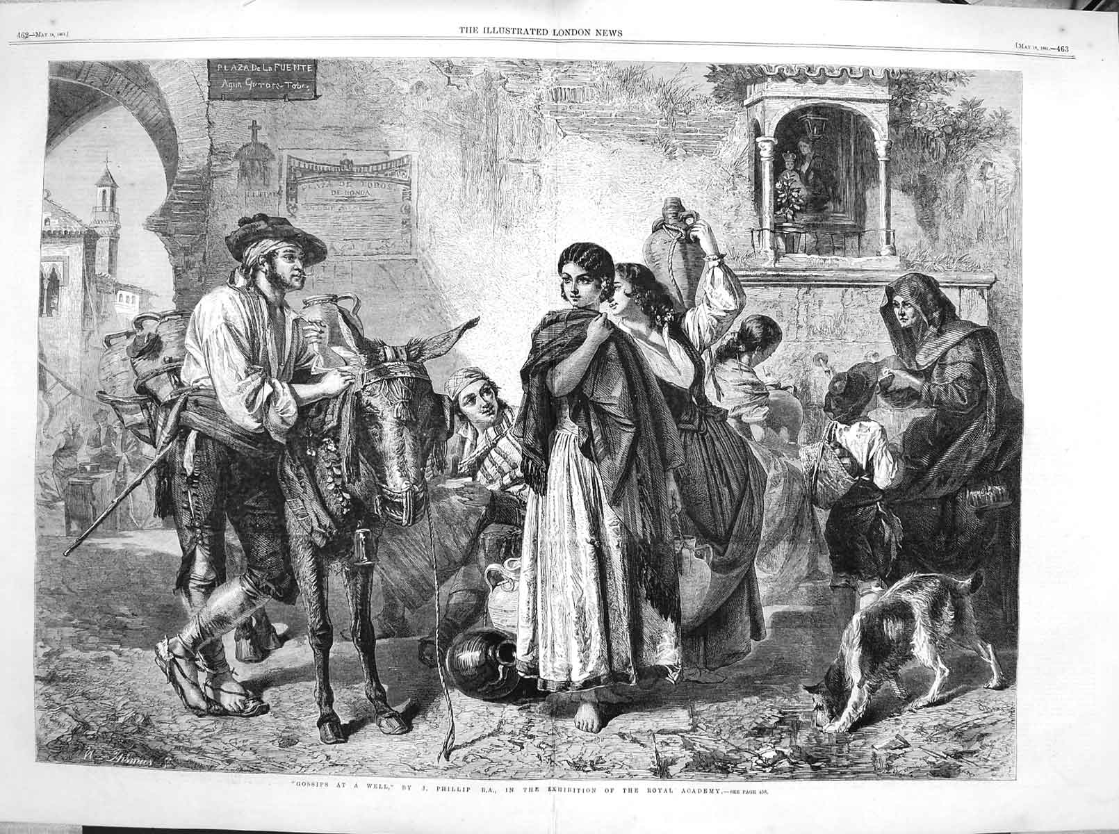 Original Old Antique Print 1861 Fine Art Gossips Water Well Donkey People 19th