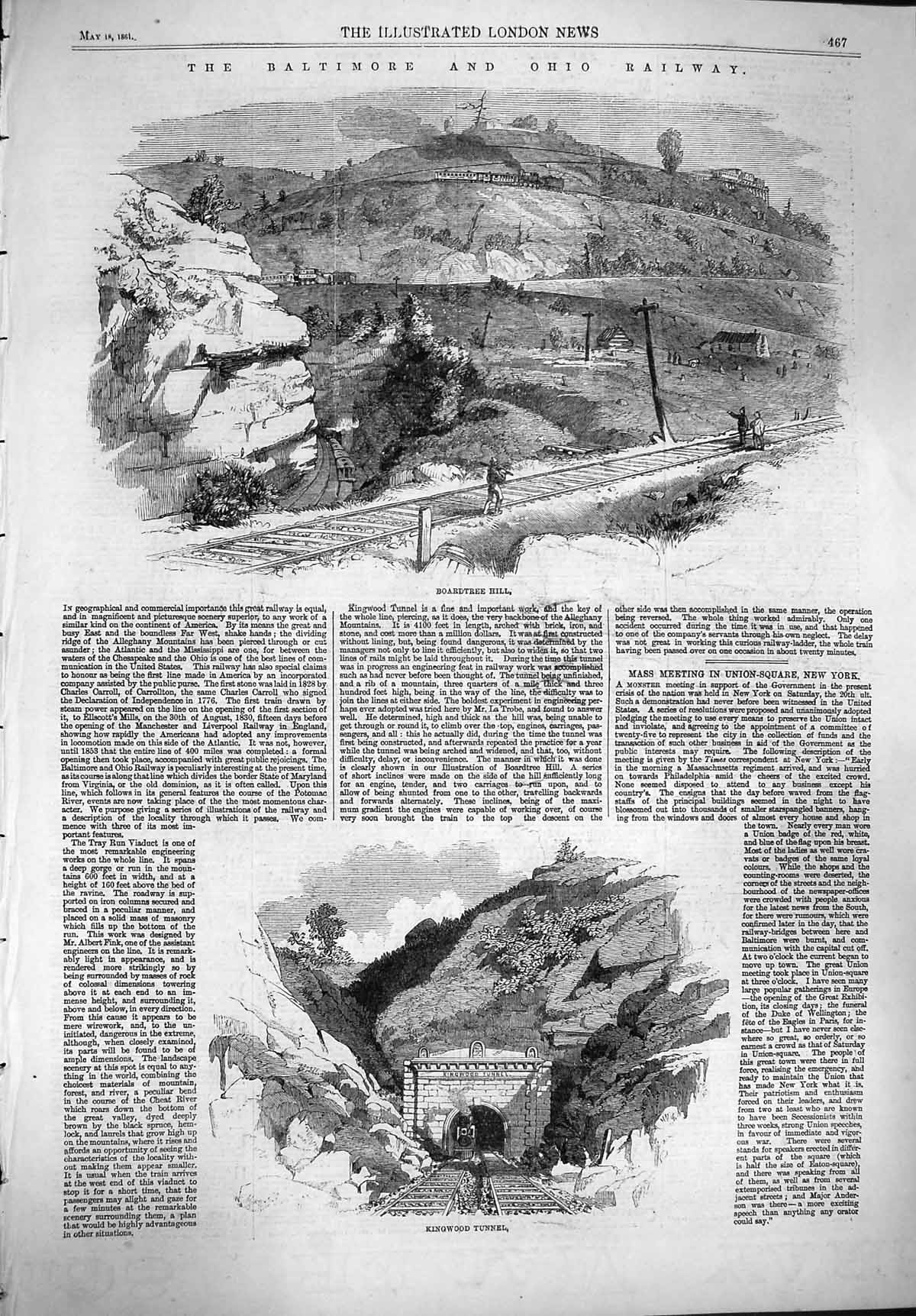 Original Old Antique Print 1861 Baltimore Ohio Railway Kingwood Tunnel Train